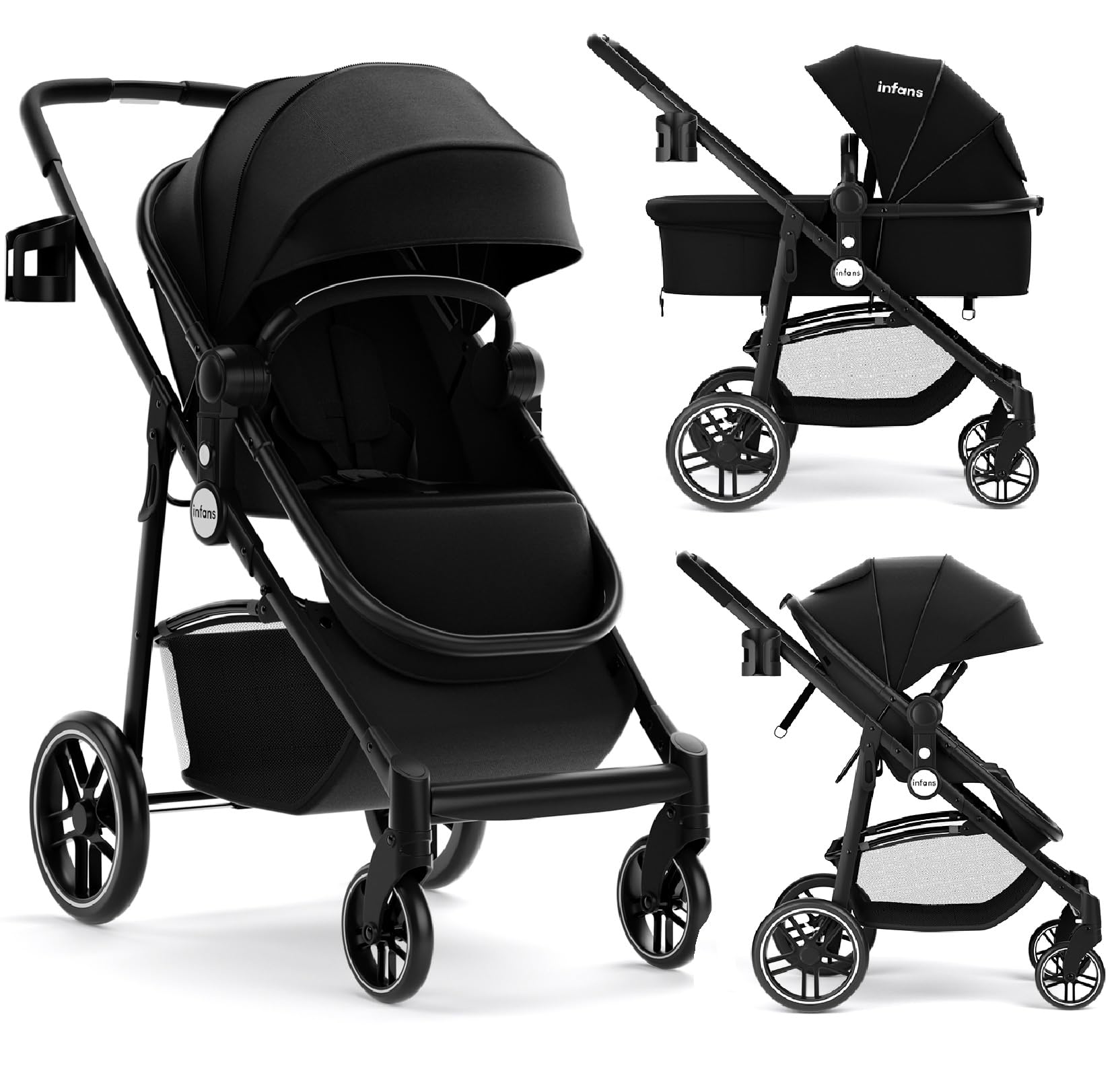INFANS 2 in 1 Baby Stroller, High Landscape Infant Stroller & Reversible Bassinet Pram, Foldable Pushchair
