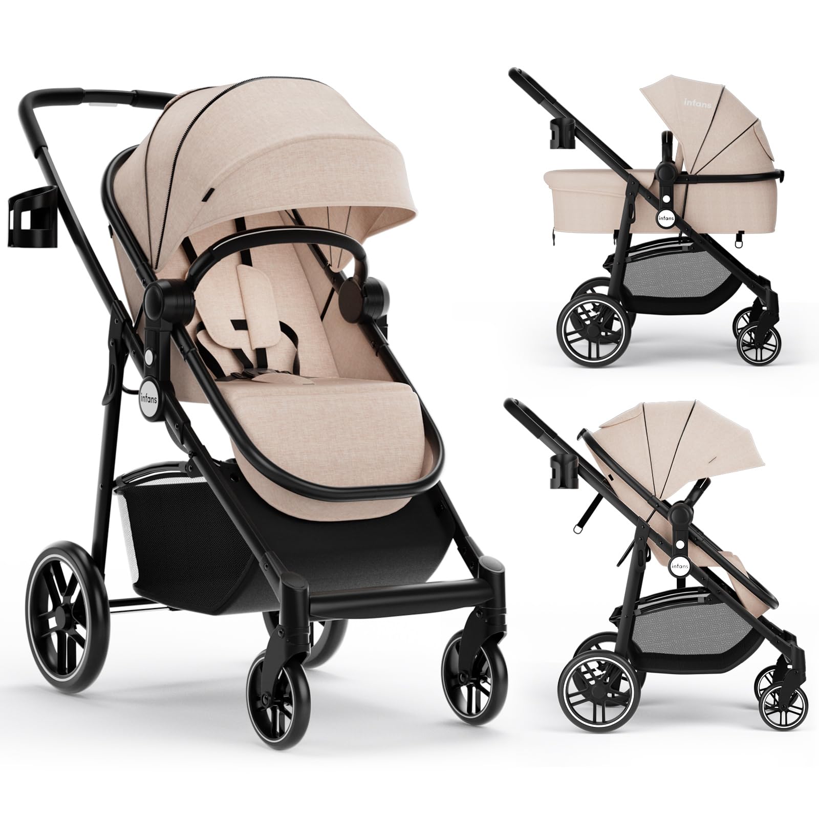 INFANS 2 in 1 Baby Stroller, High Landscape Infant Stroller & Reversible Bassinet Pram, Foldable Pushchair