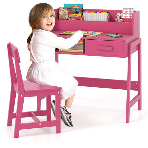 OLAKIDS Table and Chair Set, Toddler Wooden Student Study Desk with Chair Storage Hutch Compartments Drawers