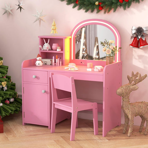 OLAKIDS Kids Vanity, Princess Makeup Desk and Chair Set with Lights Mirror, Pretend Play Vanity Set for Toddler Girls
