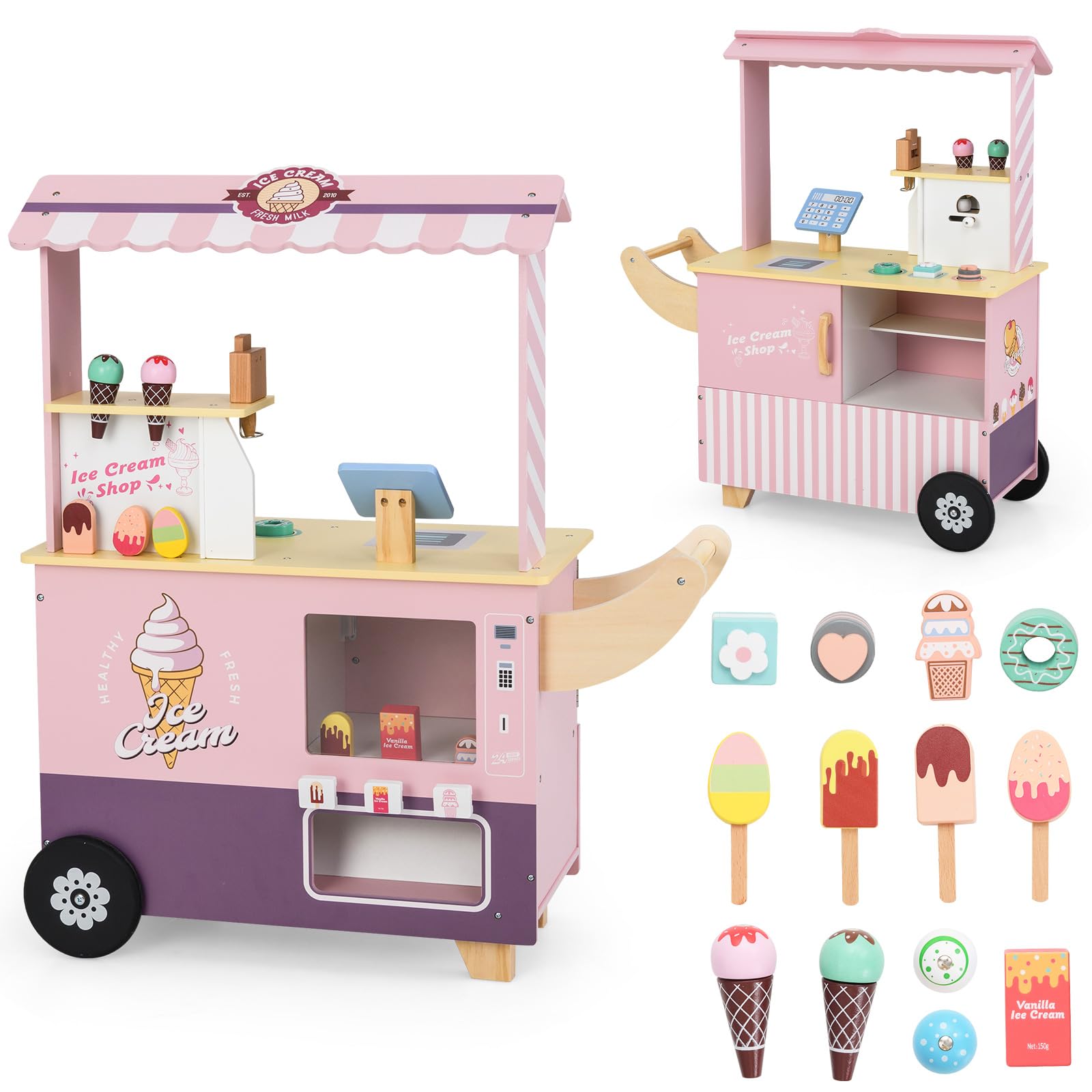 OLAKIDS Ice Cream Cart Grocery Store Marketplace Toy for Ages 3+