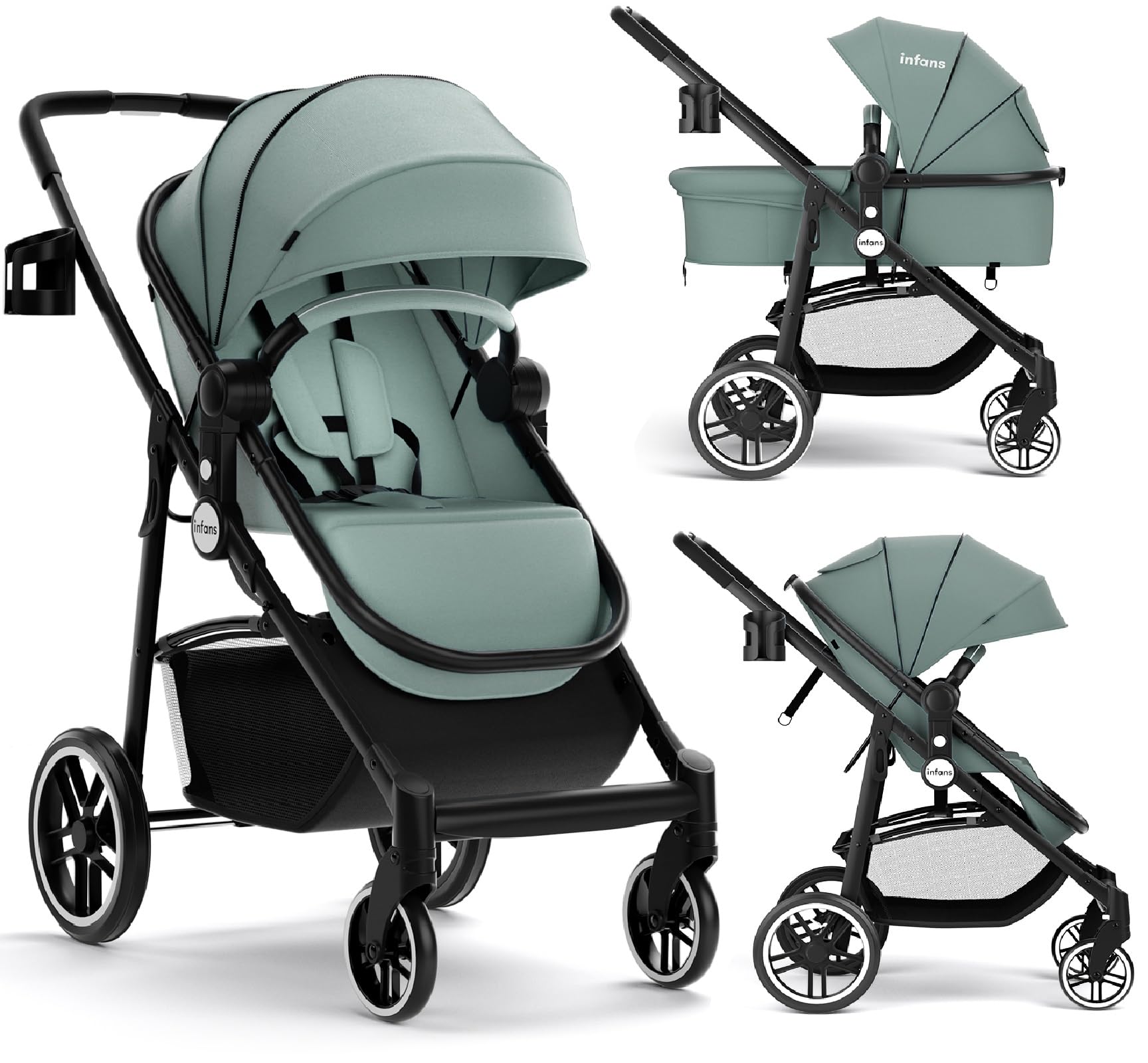 INFANS 2 in 1 Baby Stroller, High Landscape Infant Stroller & Reversible Bassinet Pram, Foldable Pushchair
