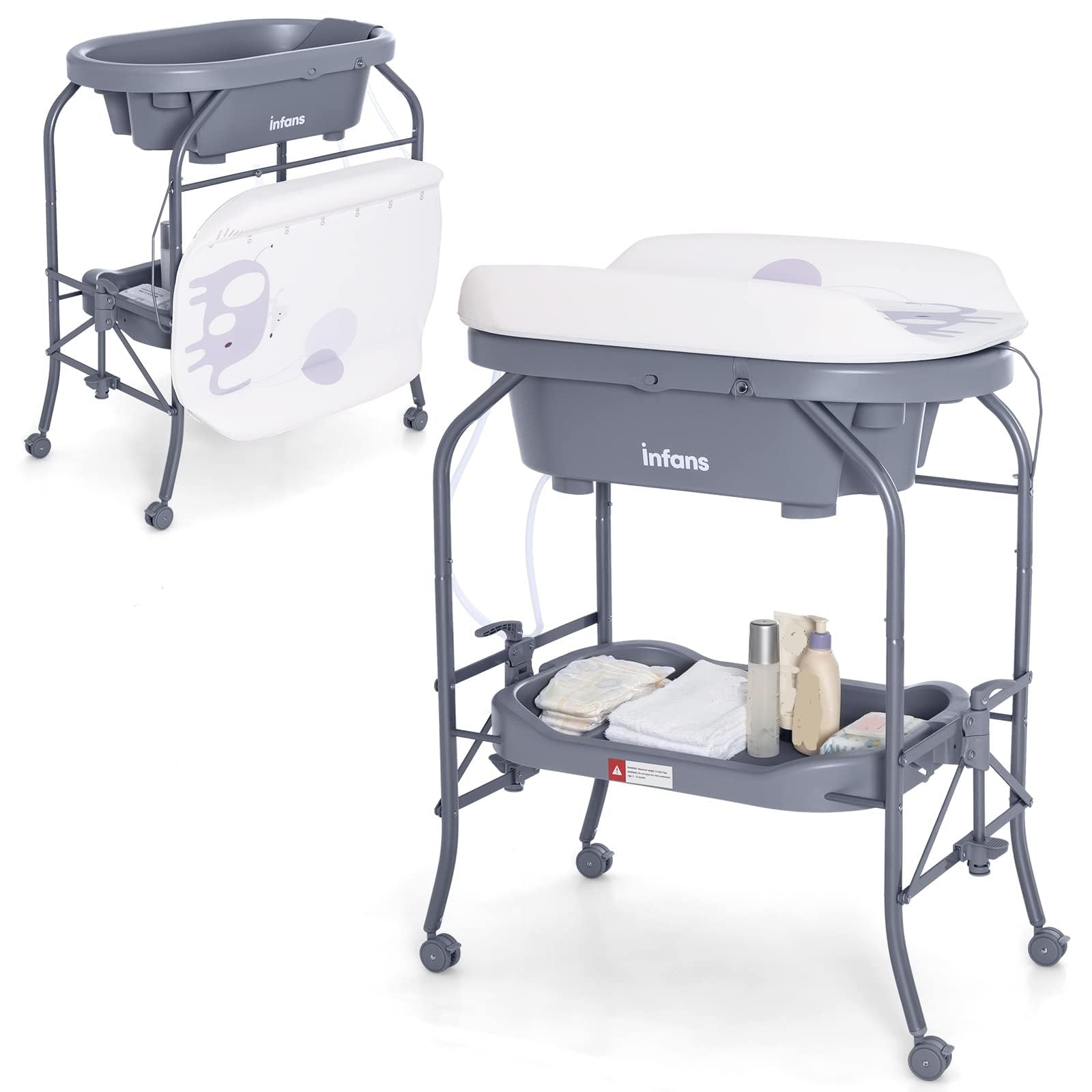INFANS 2 in 1 Baby Changing Table with Bath Tub Unit, Folding Diaper Dresser Station with Wheels Waterproof