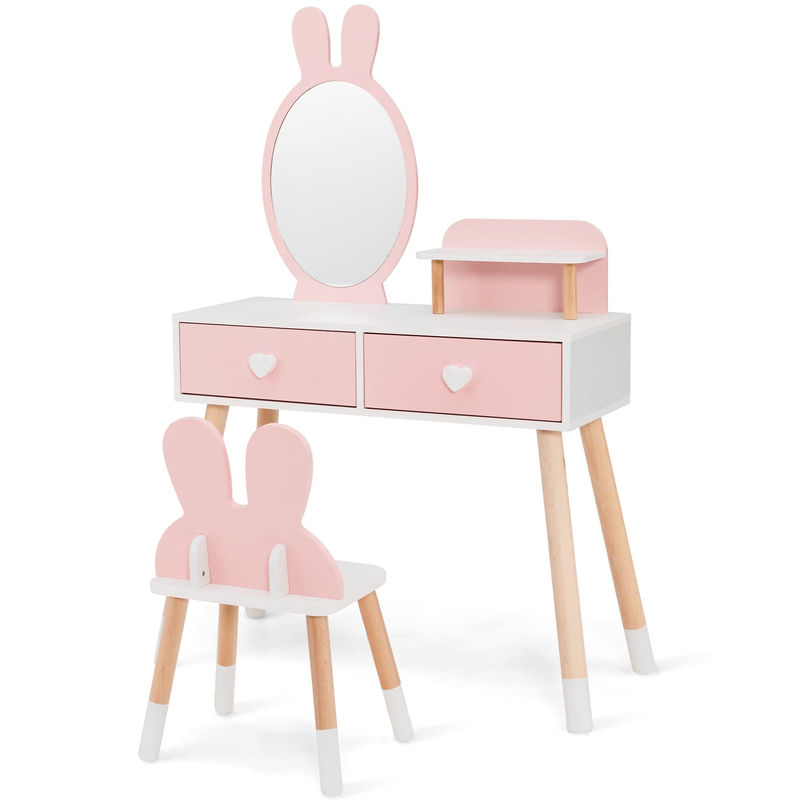 OLAKIDS Kids Vanity Set, 2 in 1 Wooden Princess Makeup Table and Chair with Mirror