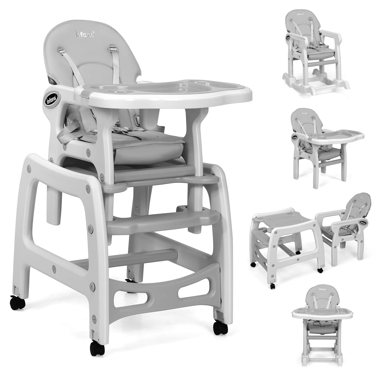 INFANS 5 in 1 Baby High Chair, Convertible Toddler Table Chair Set,  Multi-Function Seat with Lockable Universal Wheels