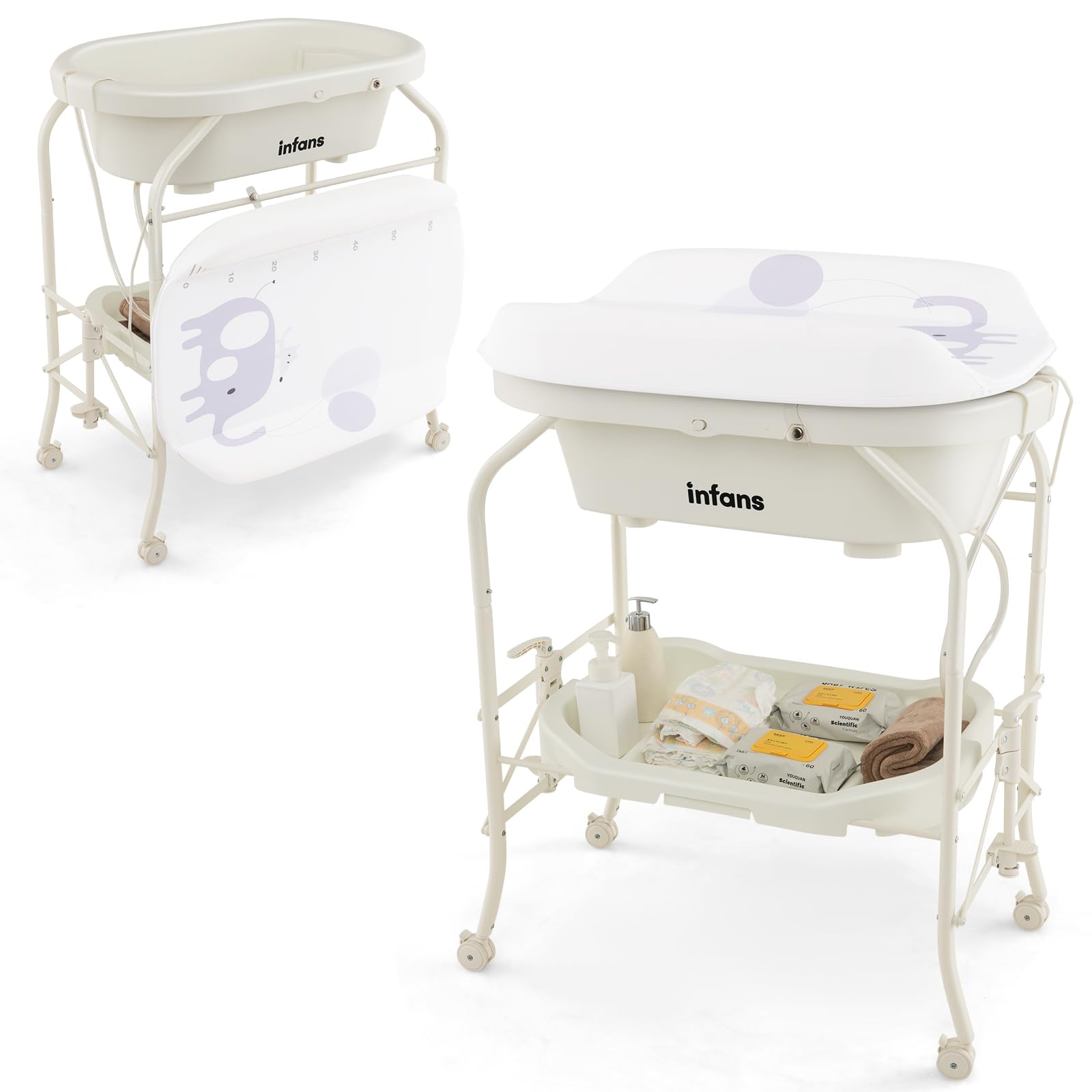 INFANS 2 in 1 Baby Changing Table with Bath Tub Unit, Folding Diaper Dresser Station with Wheels Waterproof