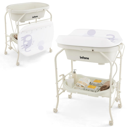 INFANS 2 in 1 Baby Changing Table with Bath Tub Unit, Folding Diaper Dresser Station with Wheels Waterproof
