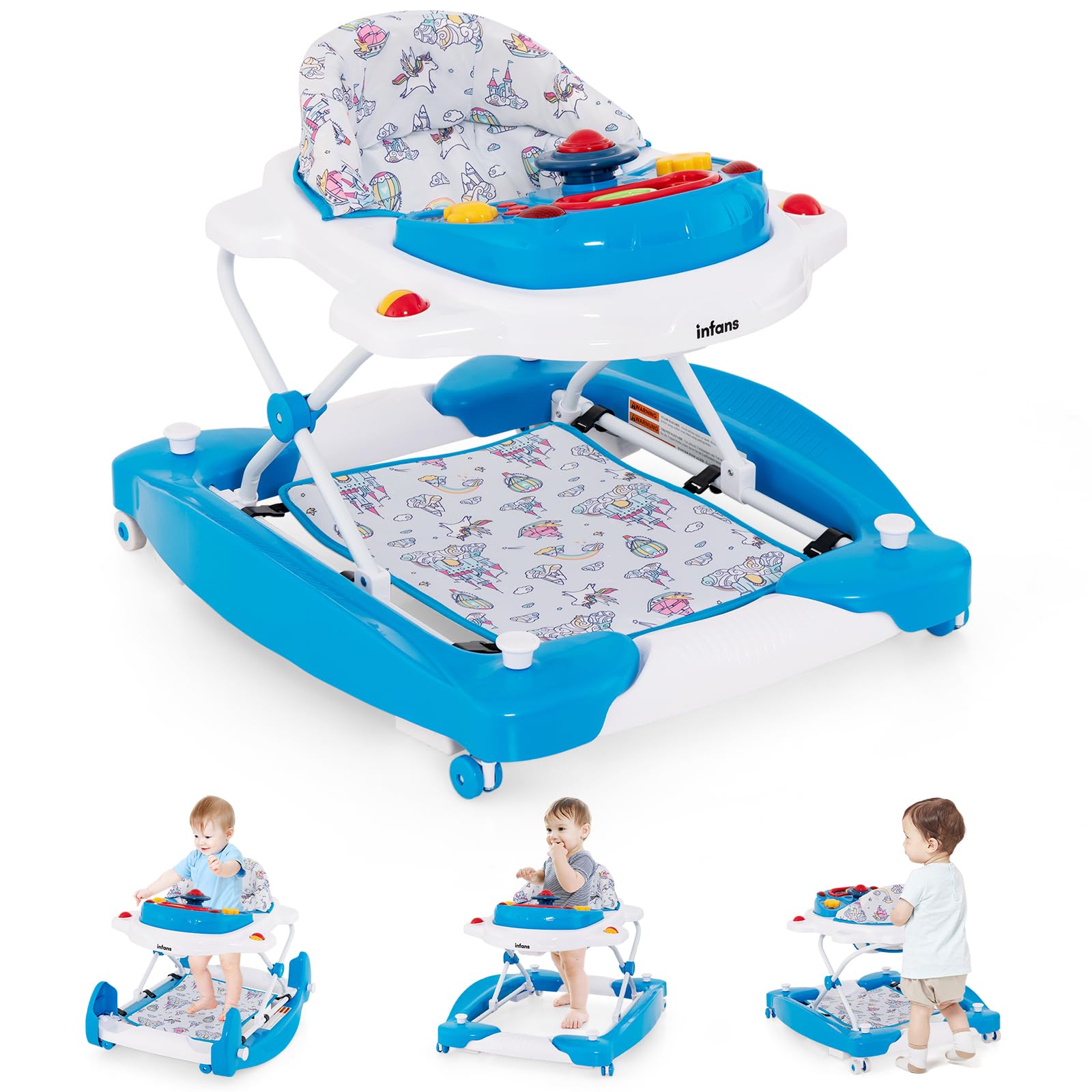 INFANS Baby Walker, 5 in 1 Behind Walker Learning Seated Rocker Bouncer with Removable Music Tray, Adjustable Height