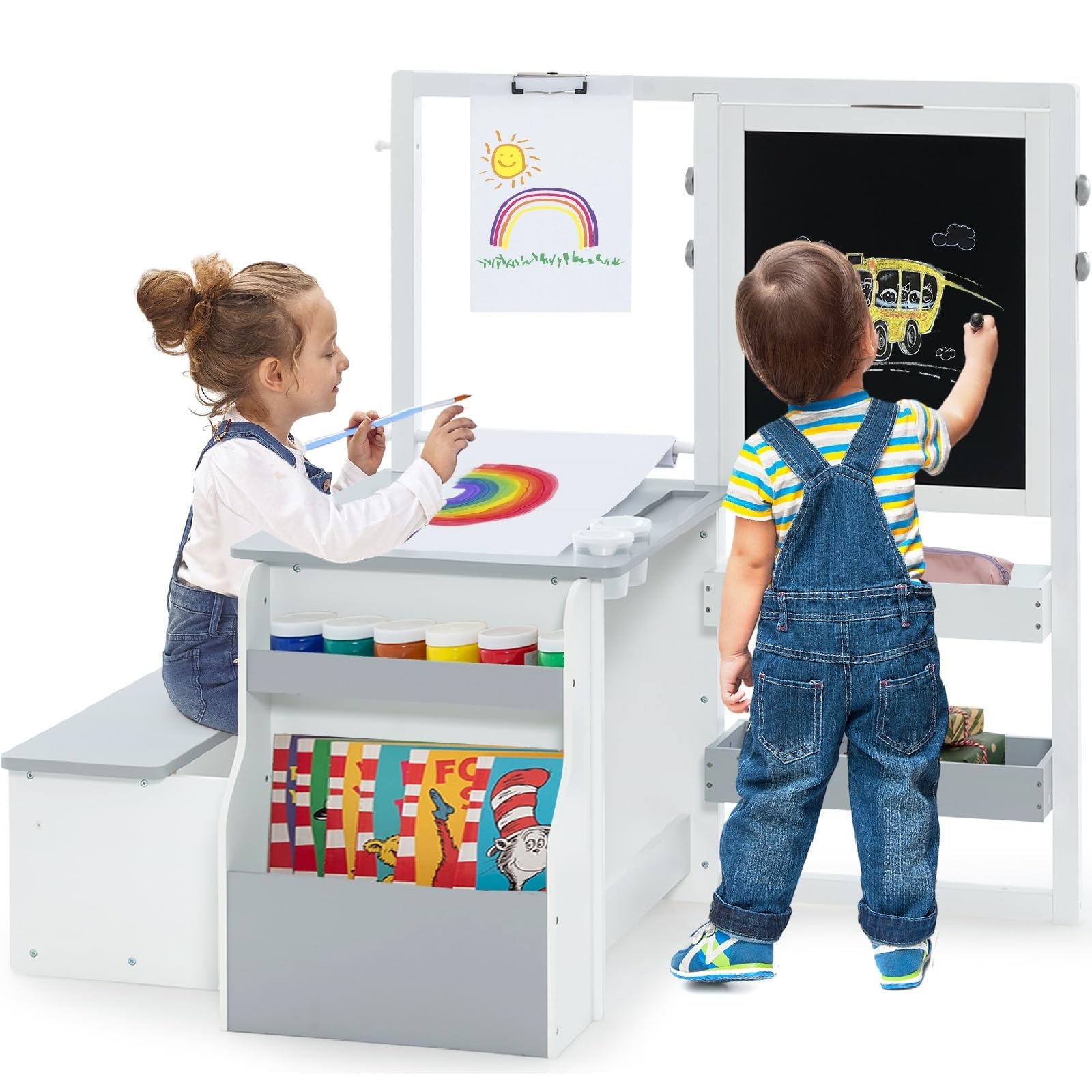 OLAKIDS 3 in 1 Kids Art Table and Chair Set, Toddler Wood Activity Desk with Double-Sided Easel, Children Furniture