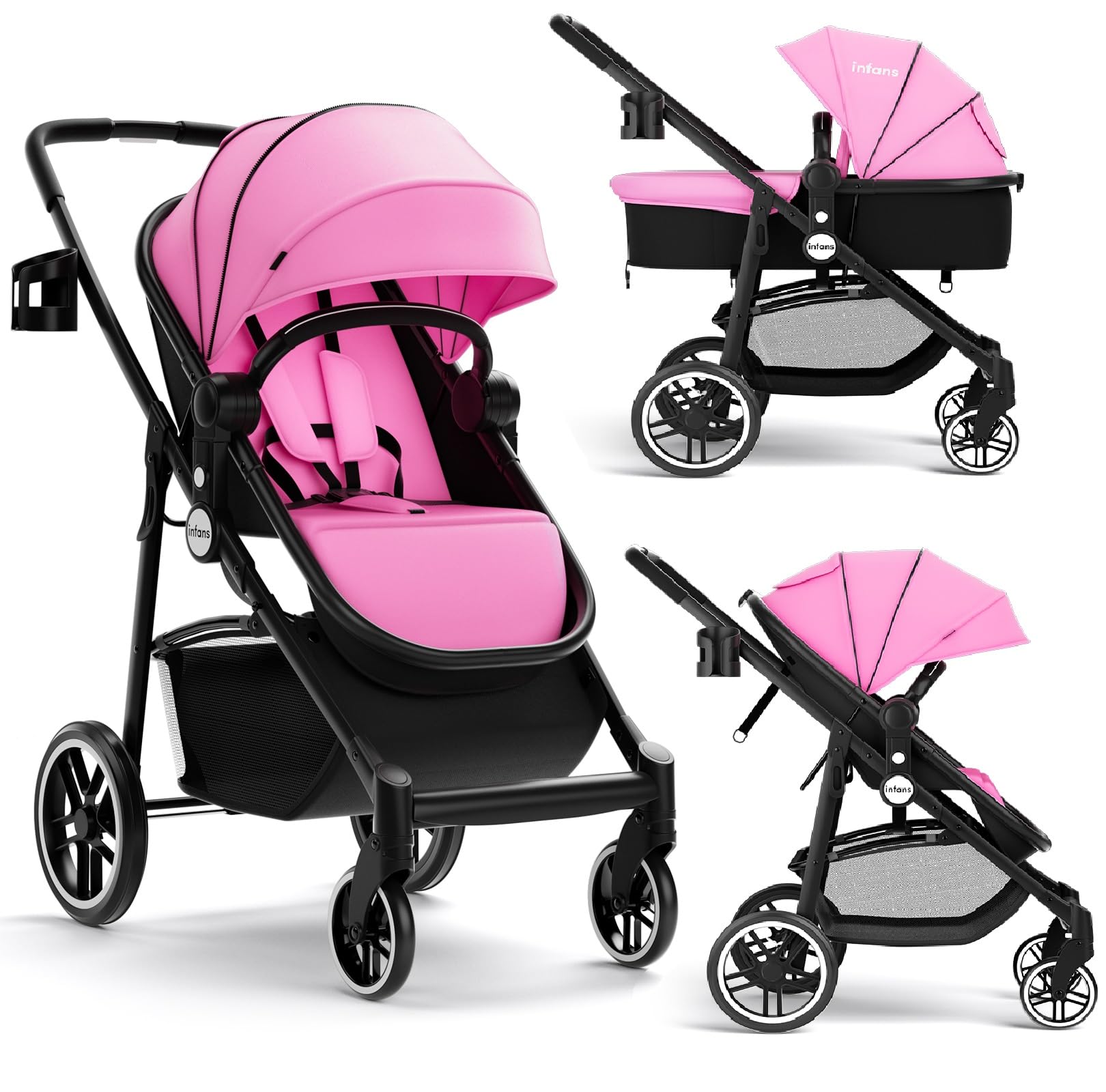 INFANS 2 in 1 Baby Stroller, High Landscape Infant Stroller & Reversible Bassinet Pram, Foldable Pushchair