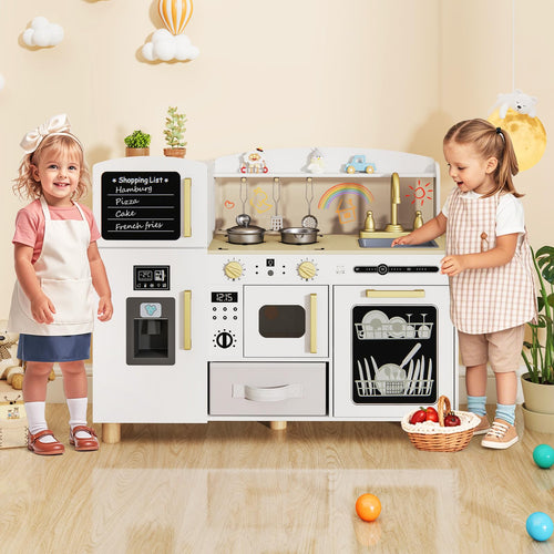 OLAKIDS Kids Kitchen Playset, Toddler Wooden Pretend Cooking Toy Set with Acrylic Drawing Board Ice Machine Dishwasher