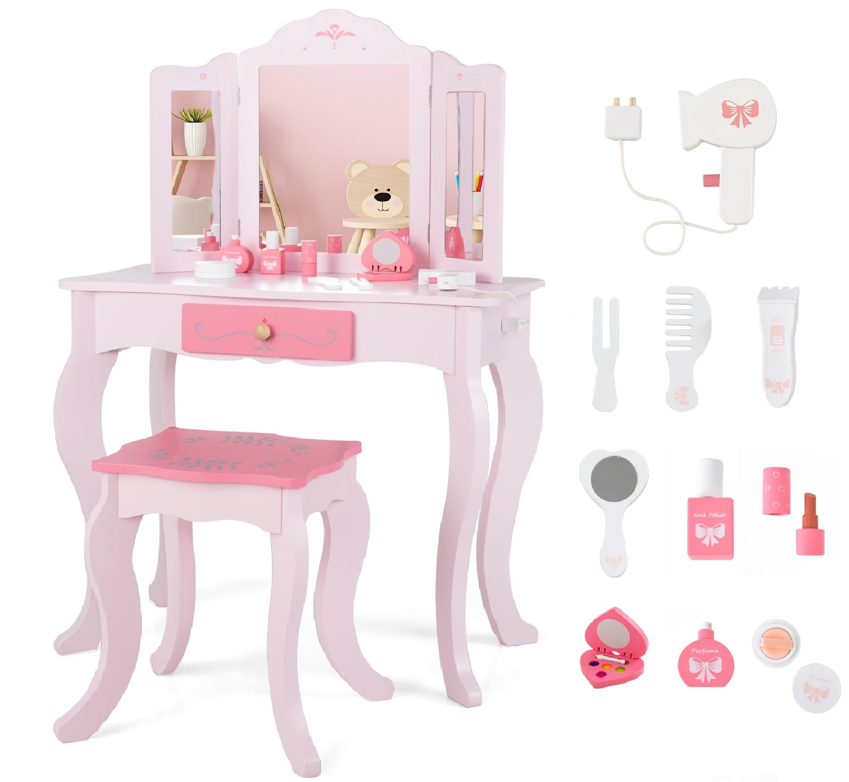 princess dress up vanity Costway 12.5 in. Width Kids Vanity Set Princess Makeup Dressing Table and Chair Set with Jewelry Armoire Pink HCST04231