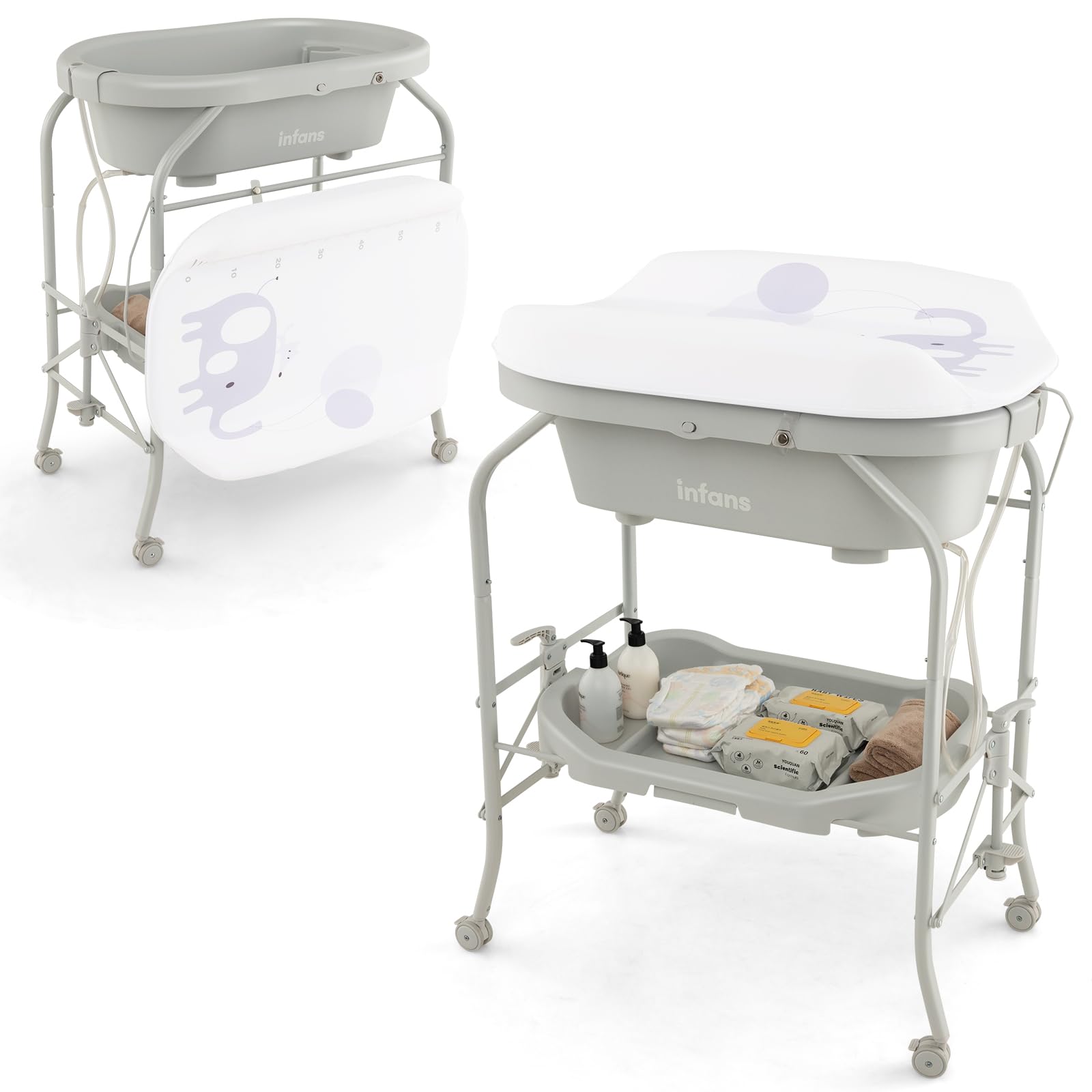 INFANS 2 in 1 Baby Changing Table with Bath Tub Unit, Folding Diaper Dresser Station with Wheels Waterproof