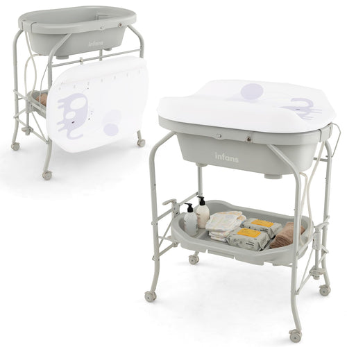 INFANS 2 in 1 Baby Changing Table with Bath Tub Unit, Folding Diaper Dresser Station with Wheels Waterproof