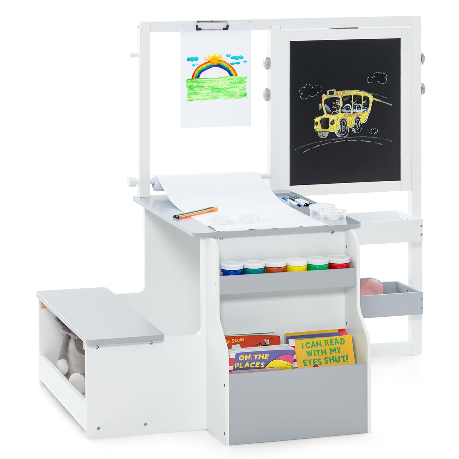 OLAKIDS 3 in 1 Kids Art Table and Chair Set, Toddler Wood Activity Desk with Double-Sided Easel, Children Furniture