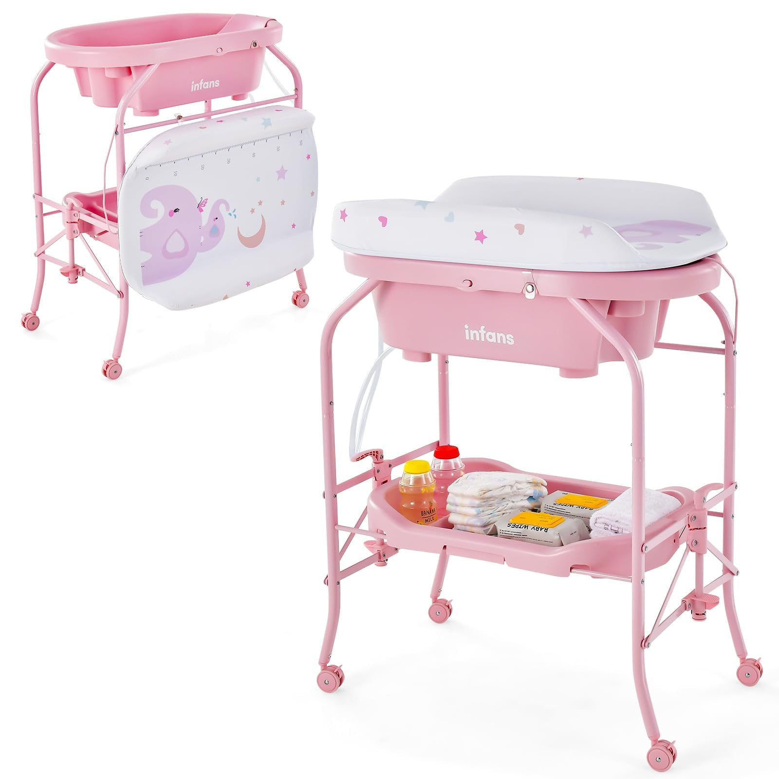 INFANS 2 in 1 Baby Changing Table with Bath Tub Unit, Folding Diaper Dresser Station with Wheels Waterproof