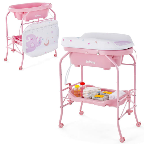 INFANS 2 in 1 Baby Changing Table with Bath Tub Unit, Folding Diaper Dresser Station with Wheels Waterproof