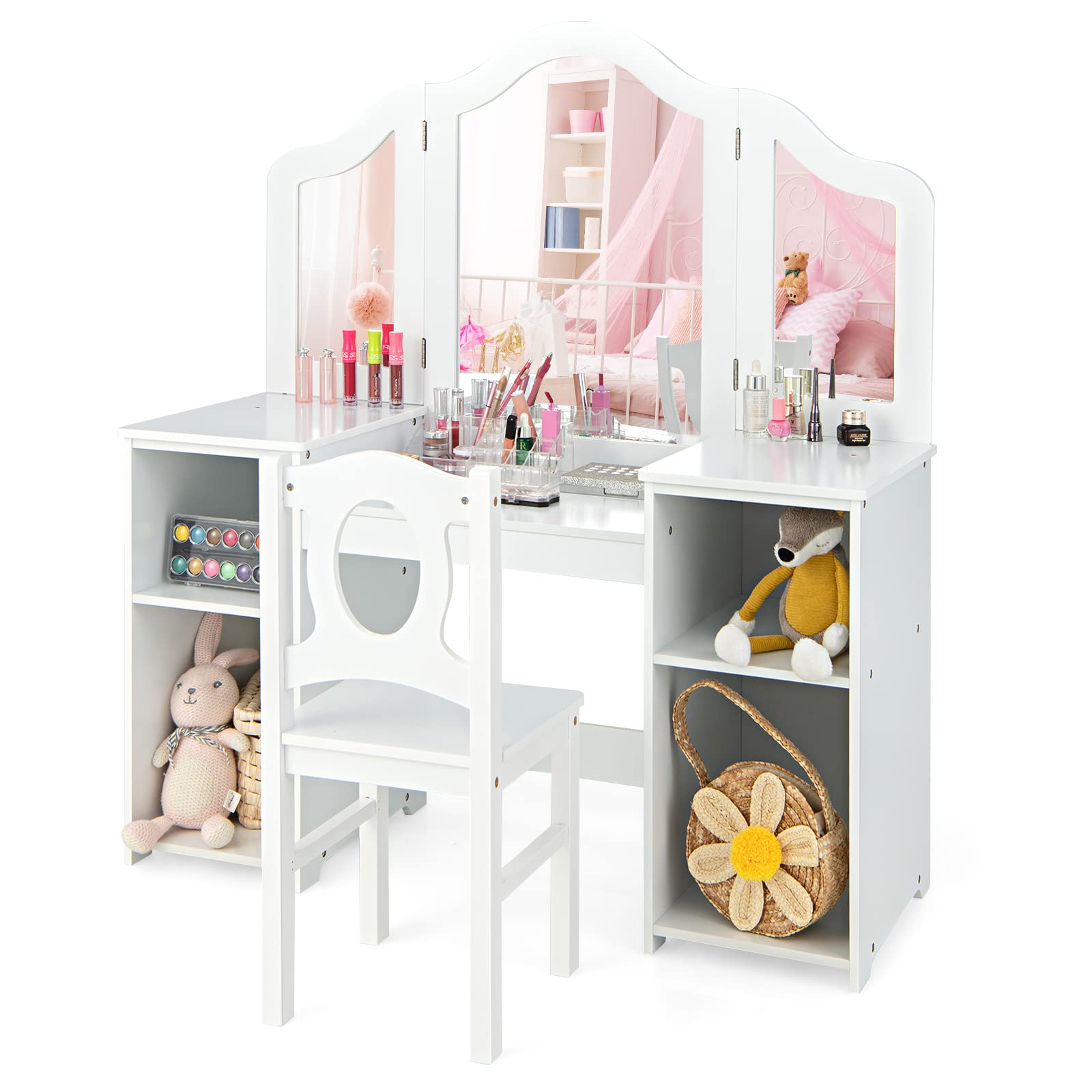 OLAKIDS Kids Vanity, 2 in 1 Princess Makeup Desk & Chair Set, Wooden Dressing Table, Pretend Play Vanity Set for Girls
