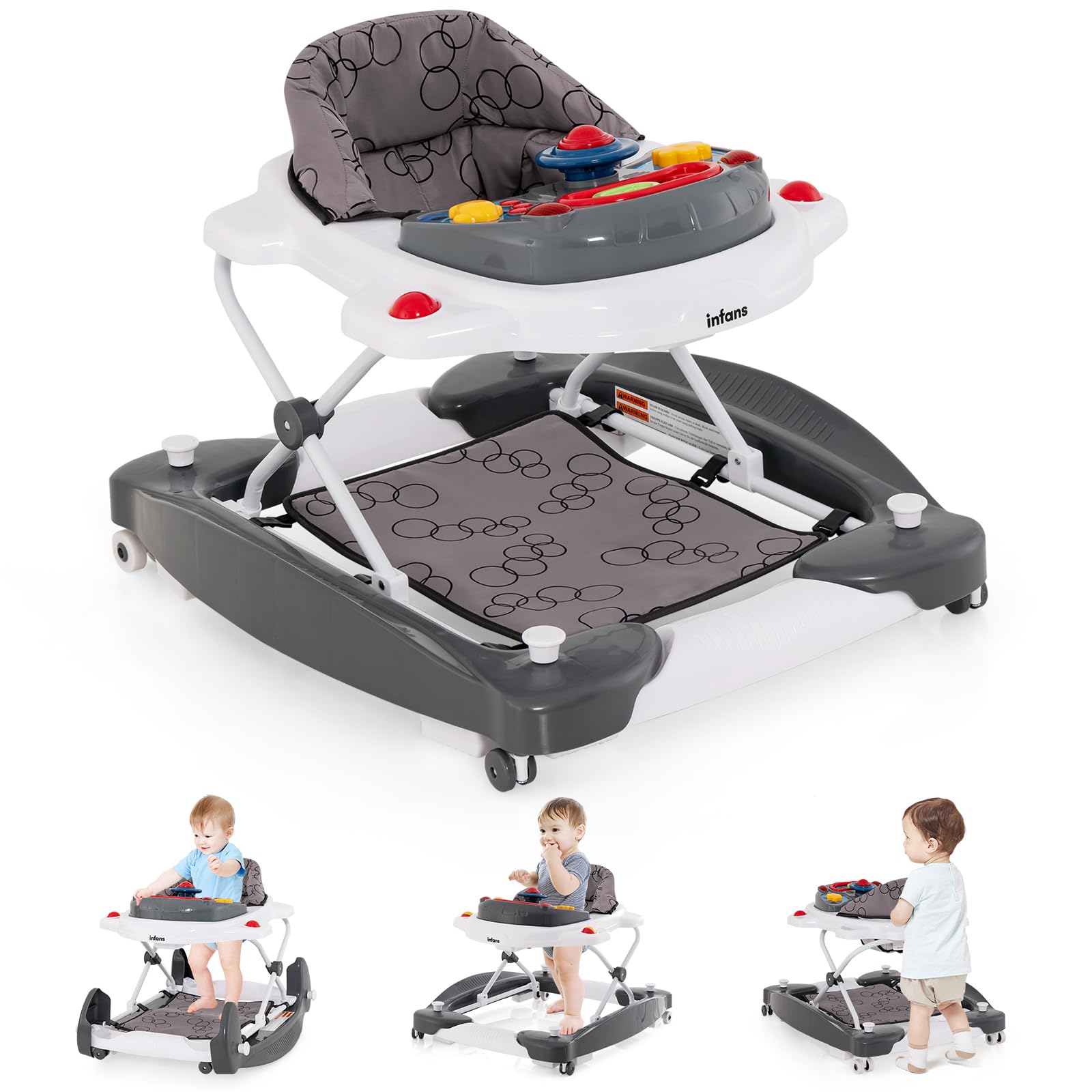 INFANS Baby Walker, 5 in 1 Behind Walker Learning Seated Rocker Bouncer with Removable Music Tray, Adjustable Height