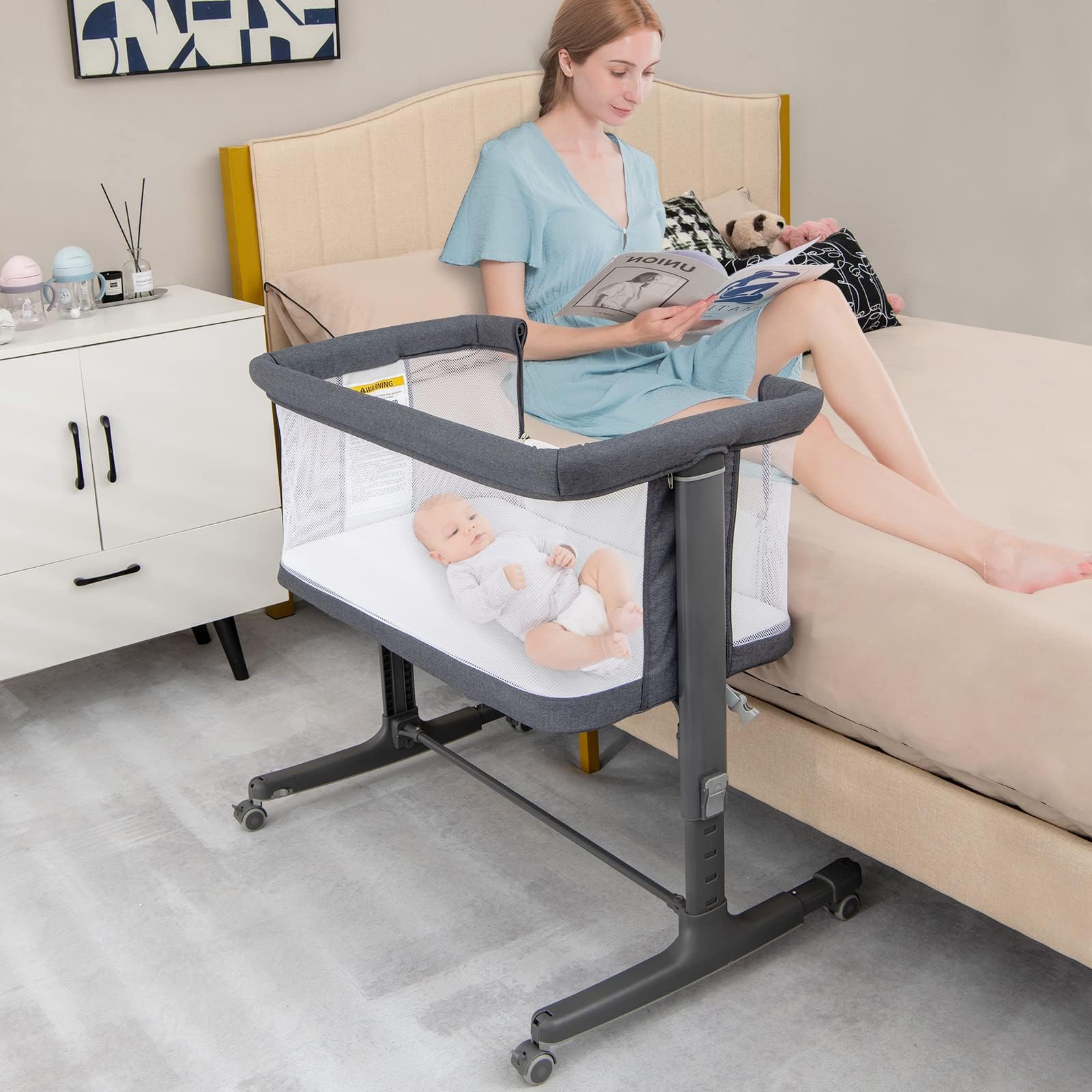 INFANS 3 in 1 Baby Bassinets, Bedside Sleeping for Newborn, Folding Crib with Mattress, Easy to Assemble Cradle