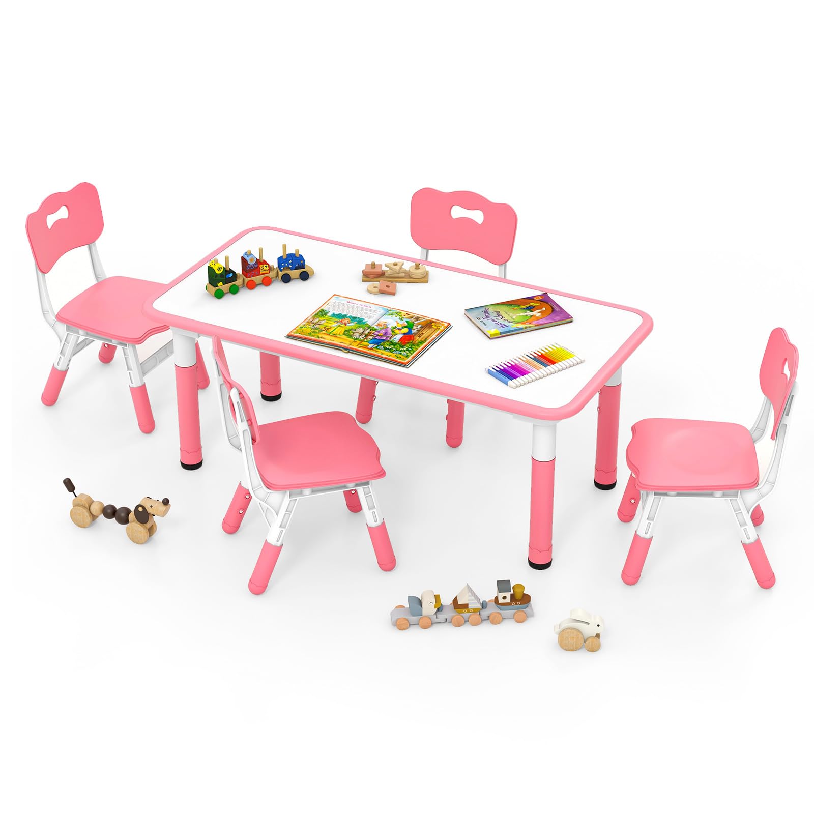 OLAKIDS Kids Table and Chiar Set, Height Adjustable Toddler Desk and 4 Chairs