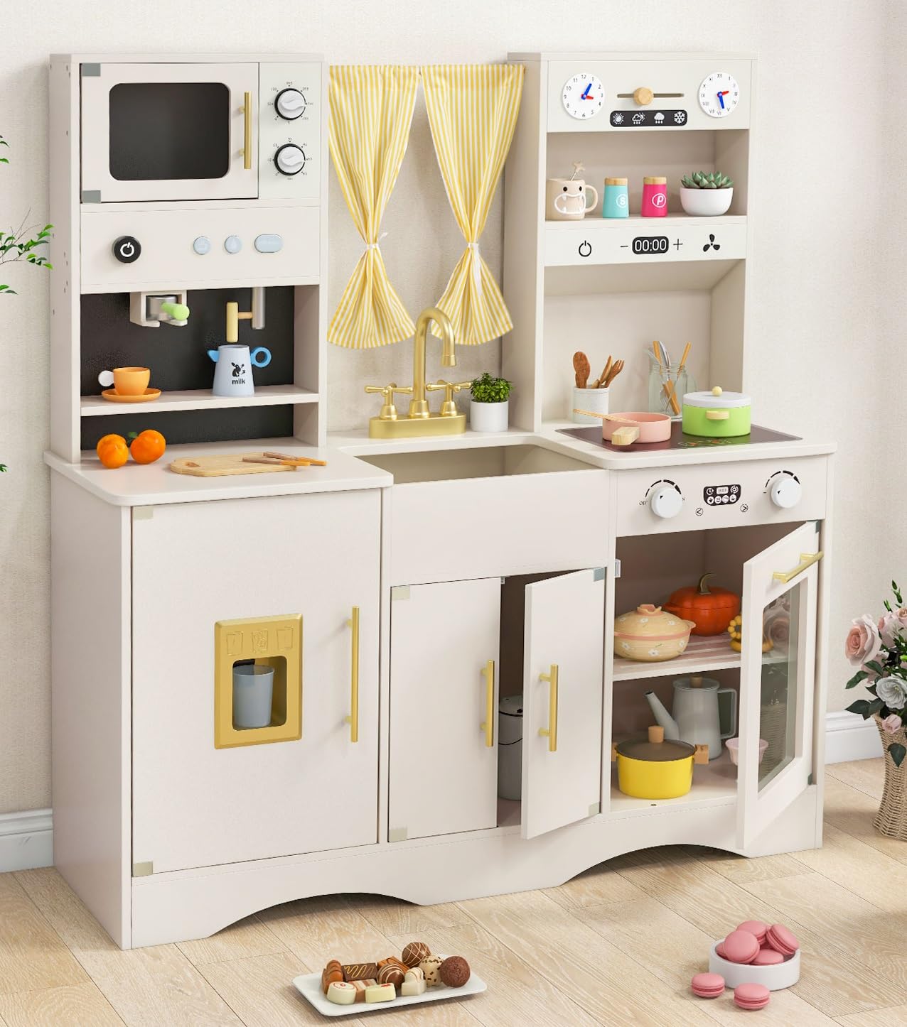 OLAKIDS Kids Kitchen Playset with Coffee Machine, Stove & Microwave