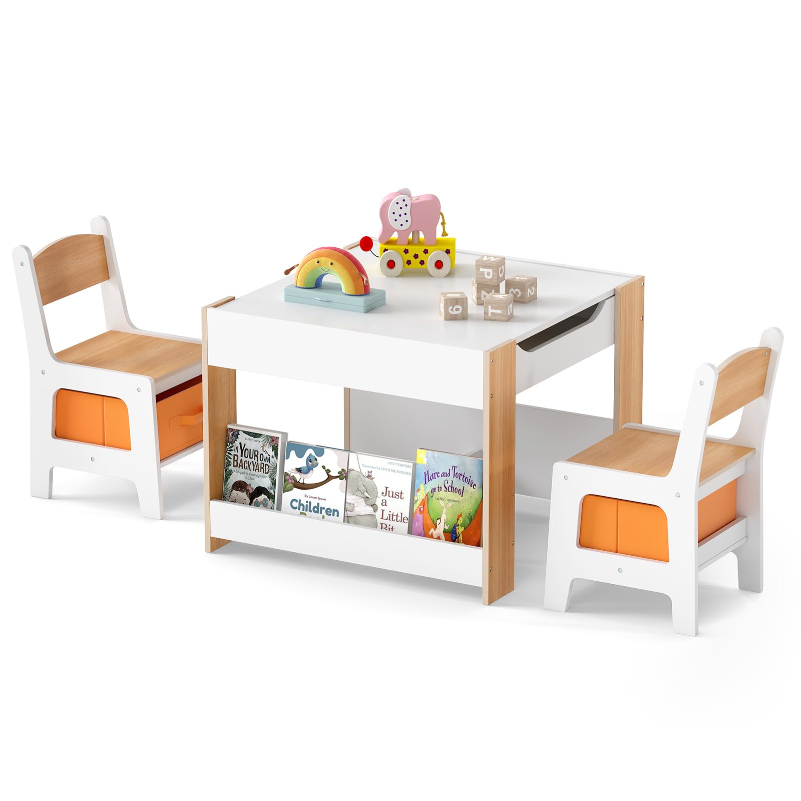 OLAKIDS Kids Table and Chair Set, 4 in 1 Building Block Wooden Activity Desk with Reversible Tabletop for Toddlers