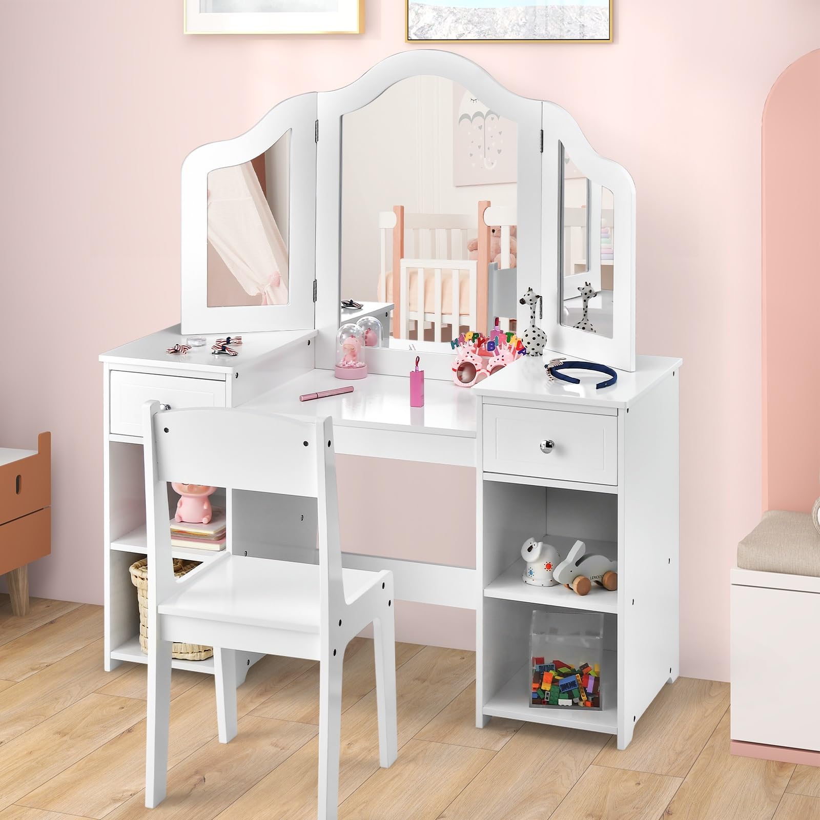 OLAKIDS Kids Vanity, 2 in 1 Princess Makeup Desk and Chair Set