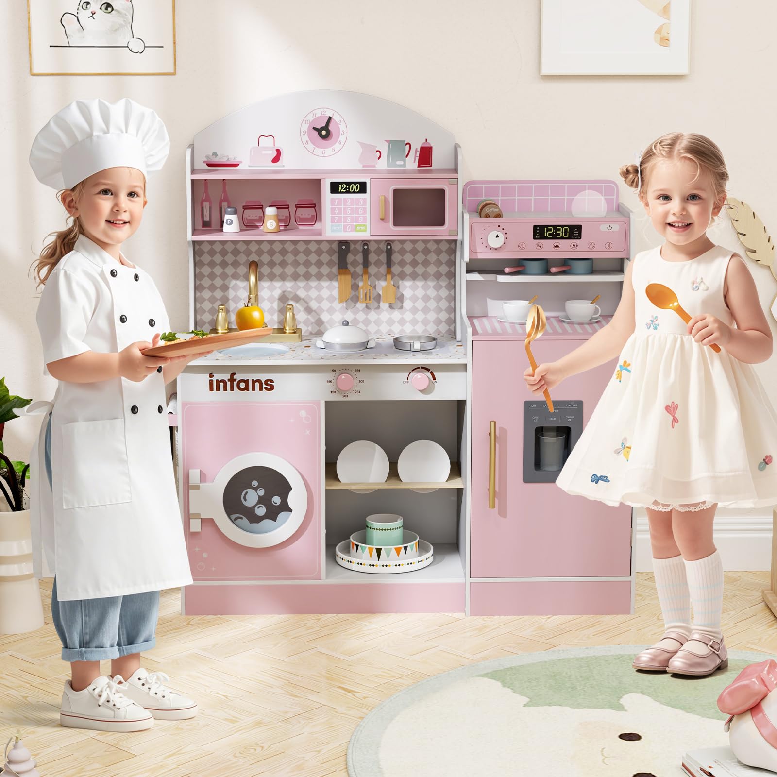 OLAKIDS Kids Kitchen Playset, Toddler Wooden Kitchen Pretend Cooking Toy Set with Coffee Maker