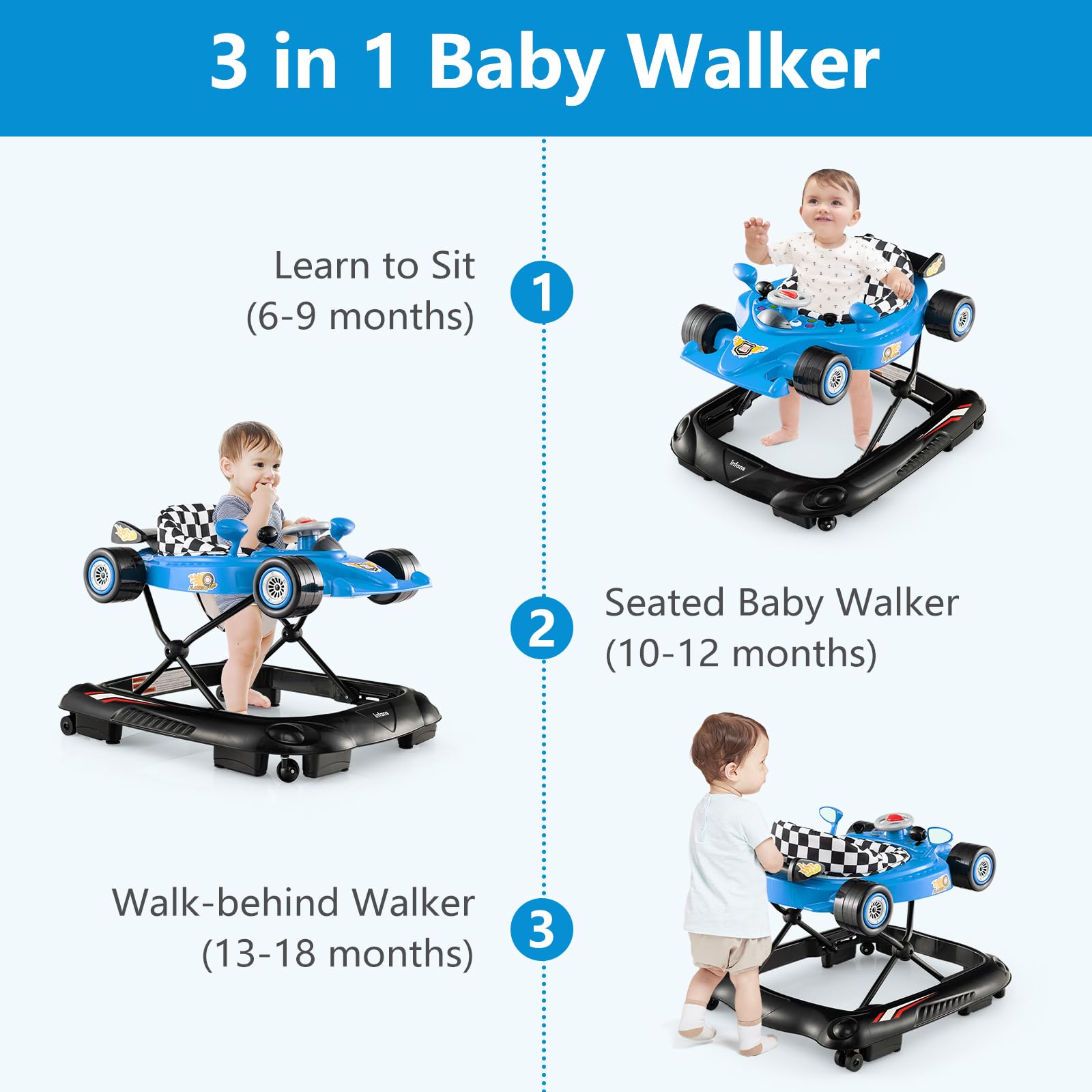 INFANS Foldable Baby Walker, Toddler Activity Center Leaning-Seated Walk-Behind with Steering Wheel, Adjustable Height