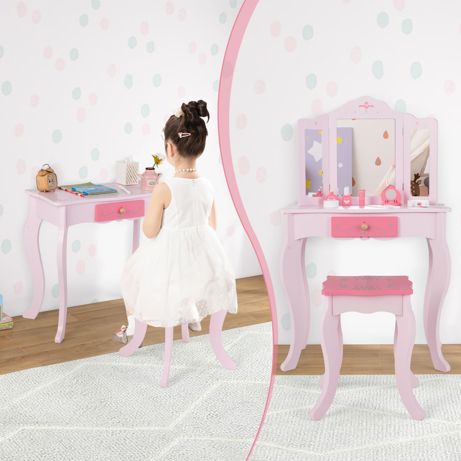 OLAKIDS Kids Vanity, 2 in 1 Princess Makeup Desk Set, Wooden Dressing Table, Pretend Play Vanity Set