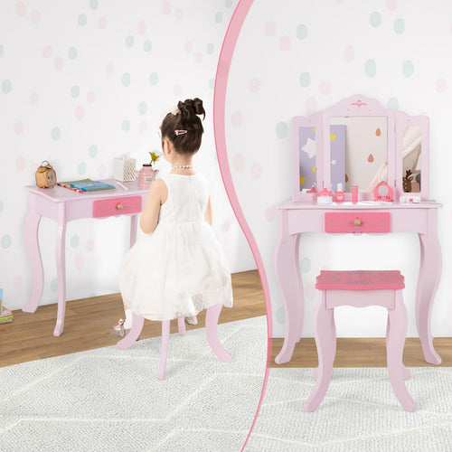 OLAKIDS Kids Vanity, 2 in 1 Princess Makeup Desk Set, Wooden Dressing Table, Pretend Play Vanity Set