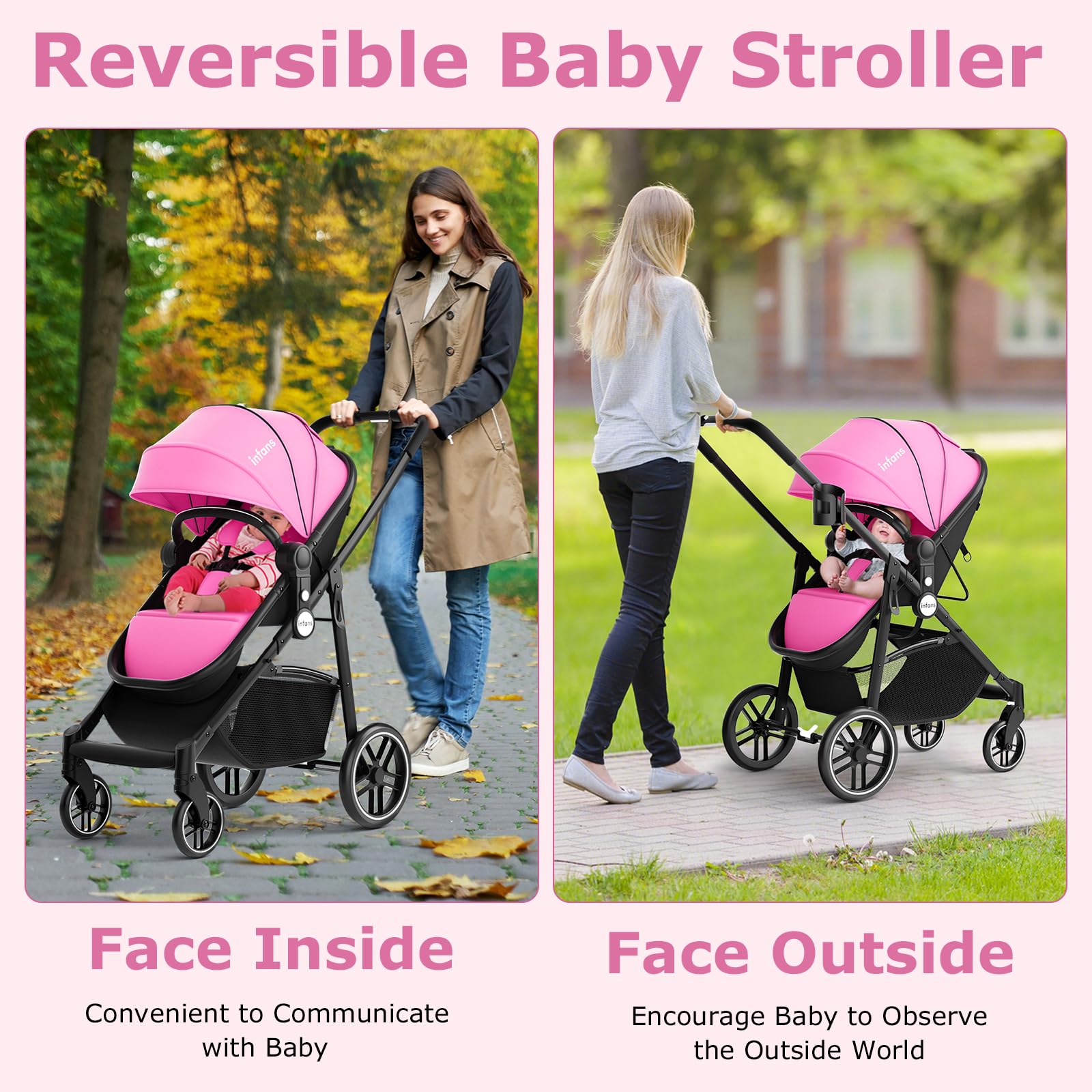 INFANS 2 in 1 Baby Stroller, High Landscape Infant Stroller & Reversible Bassinet Pram, Foldable Pushchair