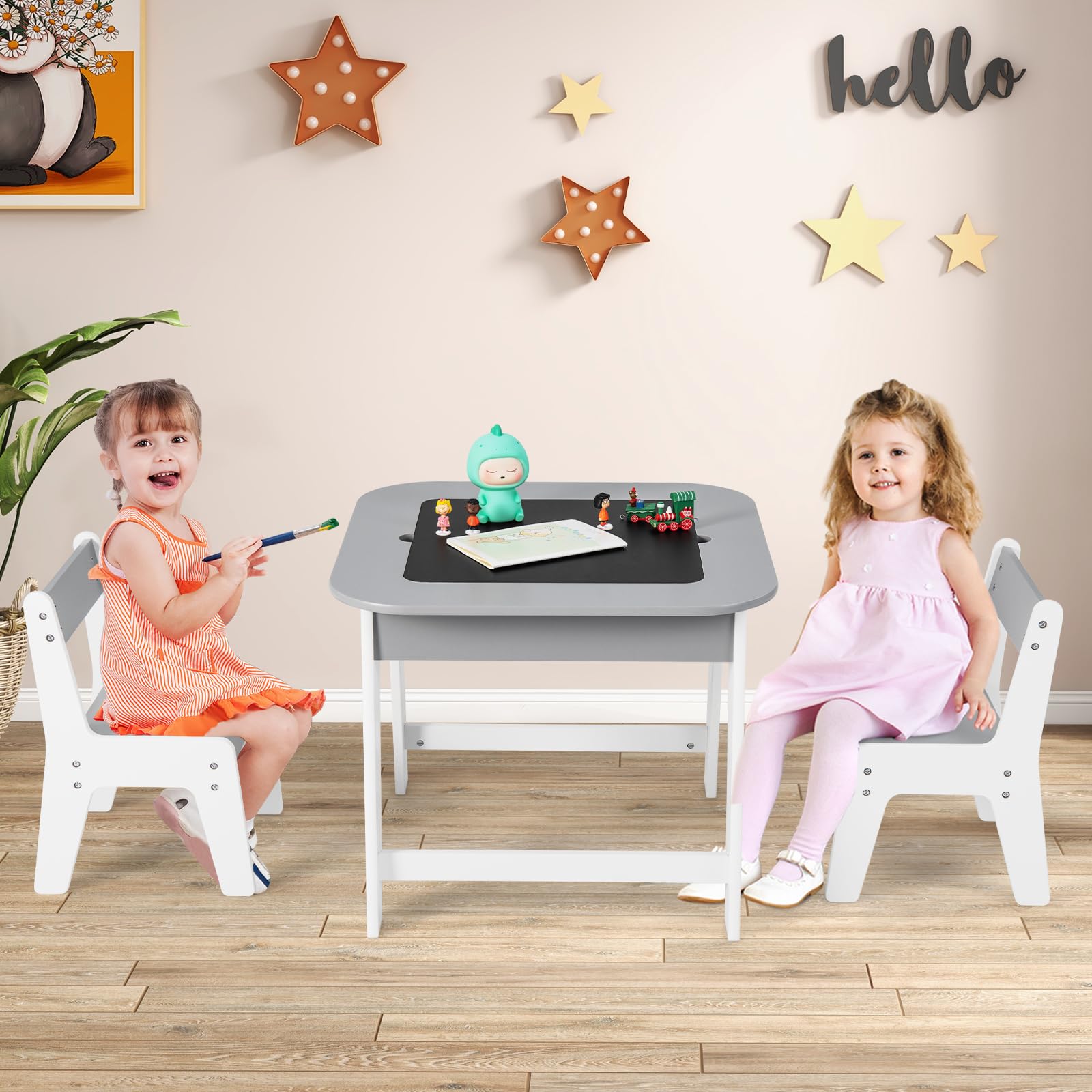 OLAKIDS Kids Table and Chair Set, 3 in 1 Wooden Activity Table with Removable Tabletop, Blackboard and Whiteboard