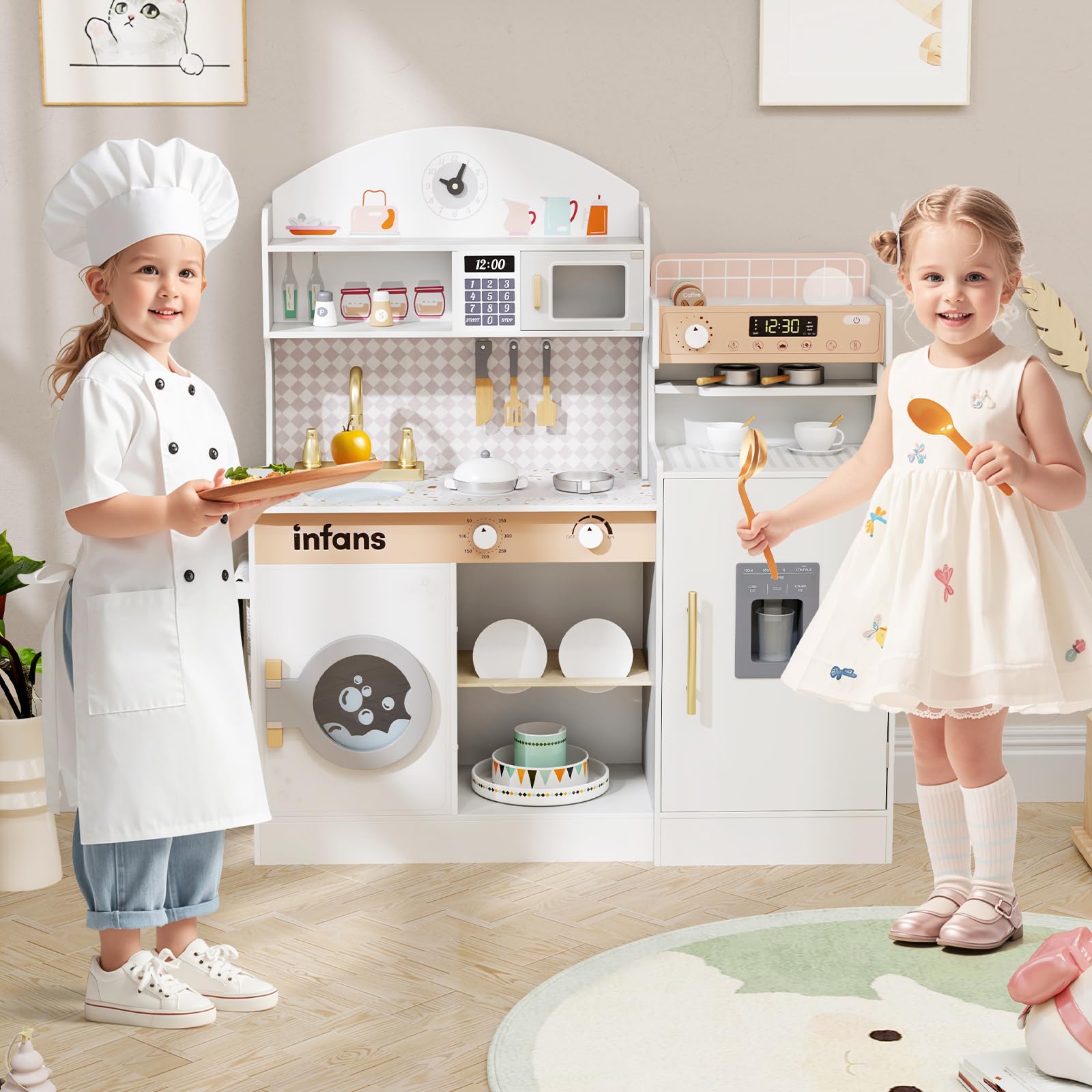 OLAKIDS Kids Kitchen Playset, Toddler Wooden Kitchen Pretend Cooking Toy Set with Coffee Maker