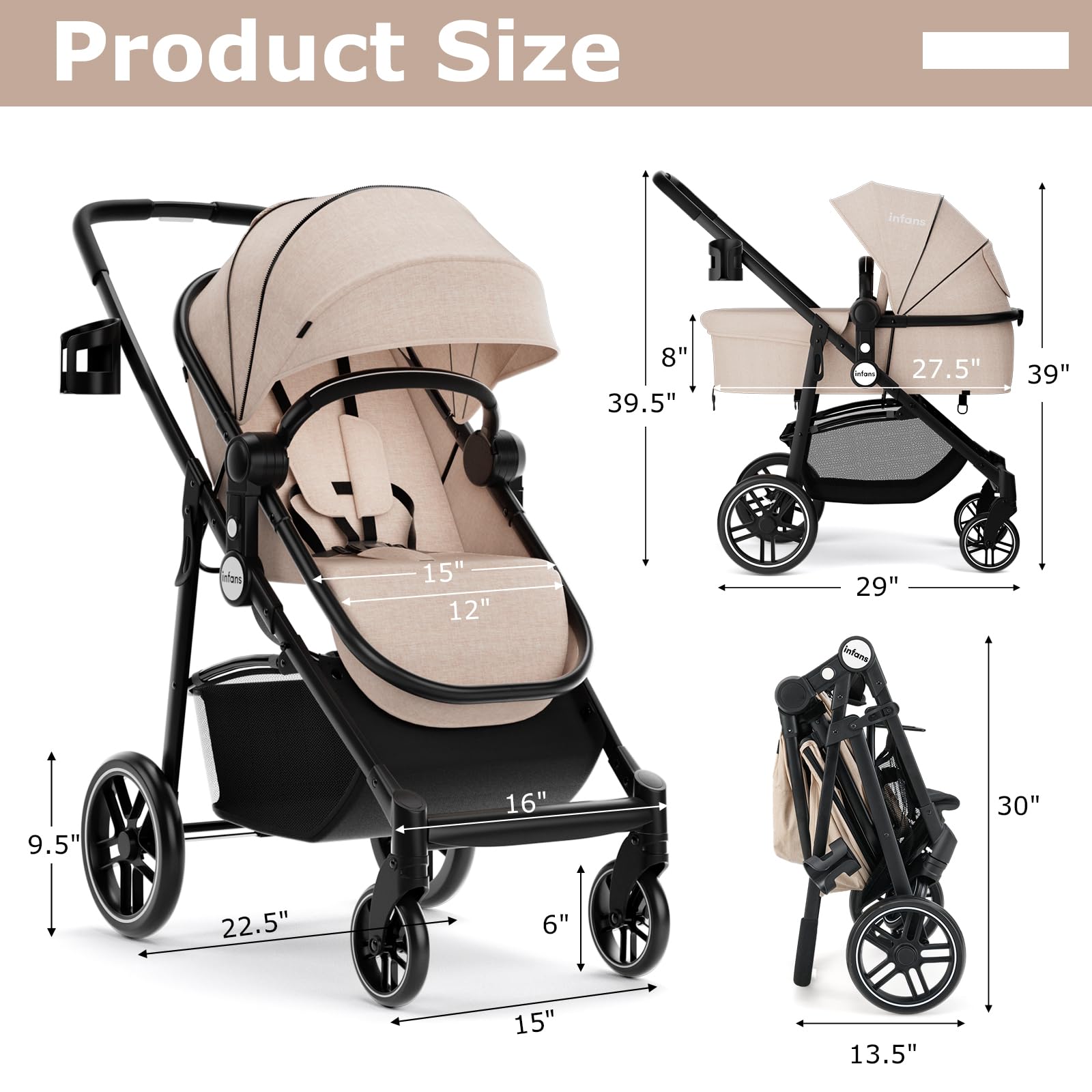 INFANS 2 in 1 Baby Stroller, High Landscape Infant Stroller & Reversible Bassinet Pram, Foldable Pushchair