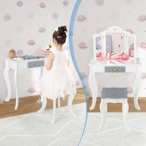 OLAKIDS Kids Vanity, 2 in 1 Princess Makeup Desk Set, Wooden Dressing Table, Pretend Play Vanity Set