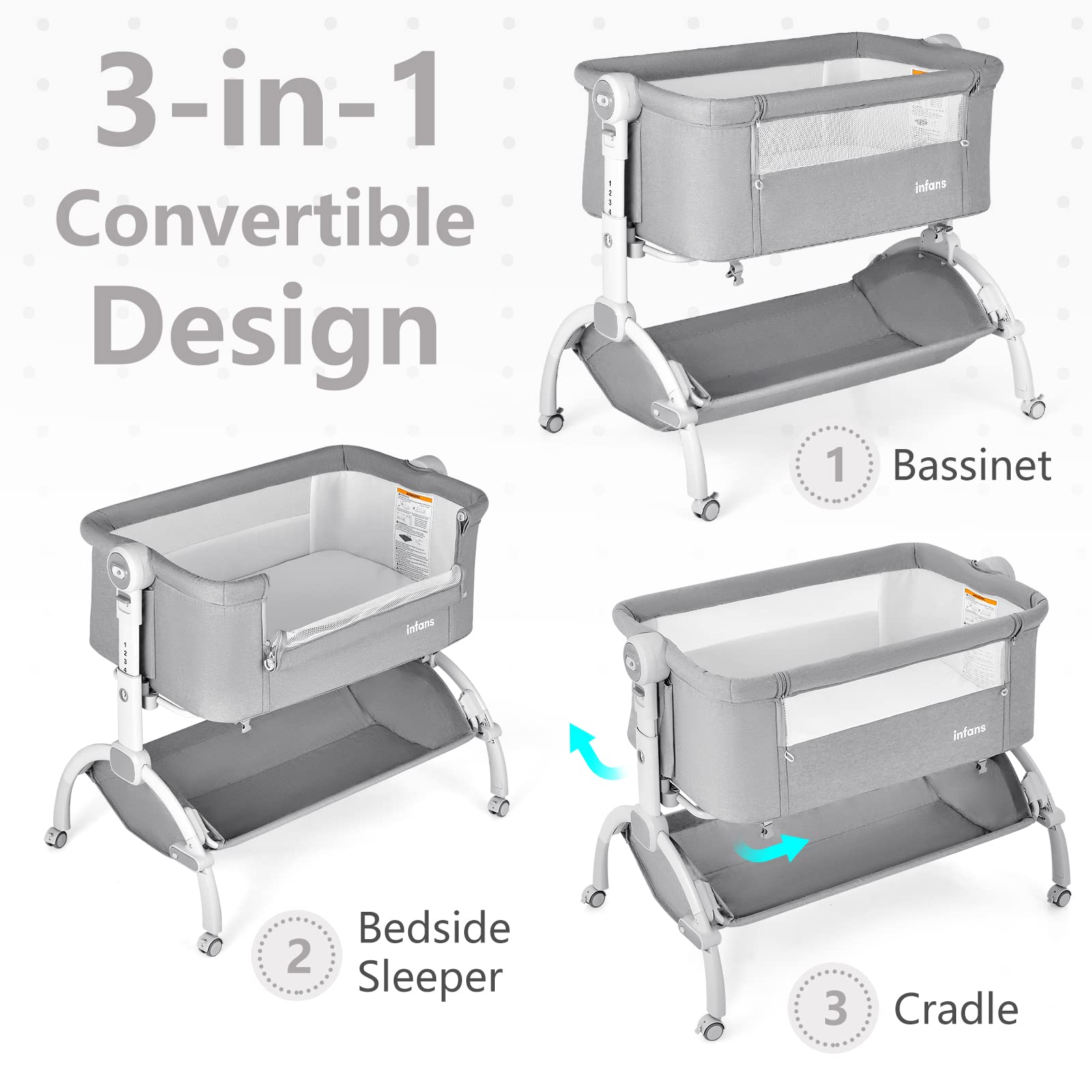 INFANS 3 in 1 Baby Bassinet, Bedside Sleeping, Rocking Cradle, Easy Folding Portable Safer Co-Sleeping Crib with Storage Basket