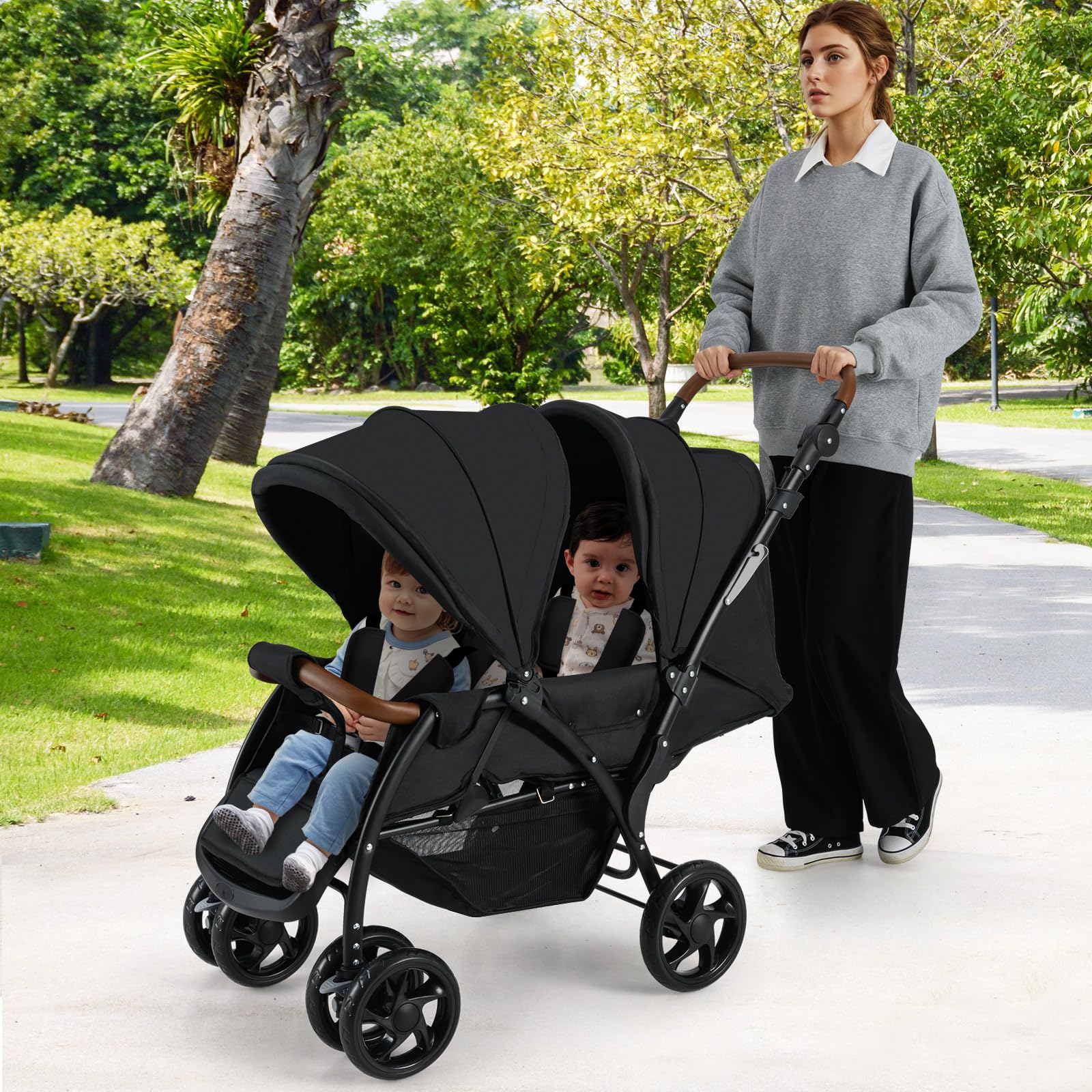 INFANS Double Stroller, Foldable Baby Tandem Stroller with Djustable Backrest Canopy Footrest