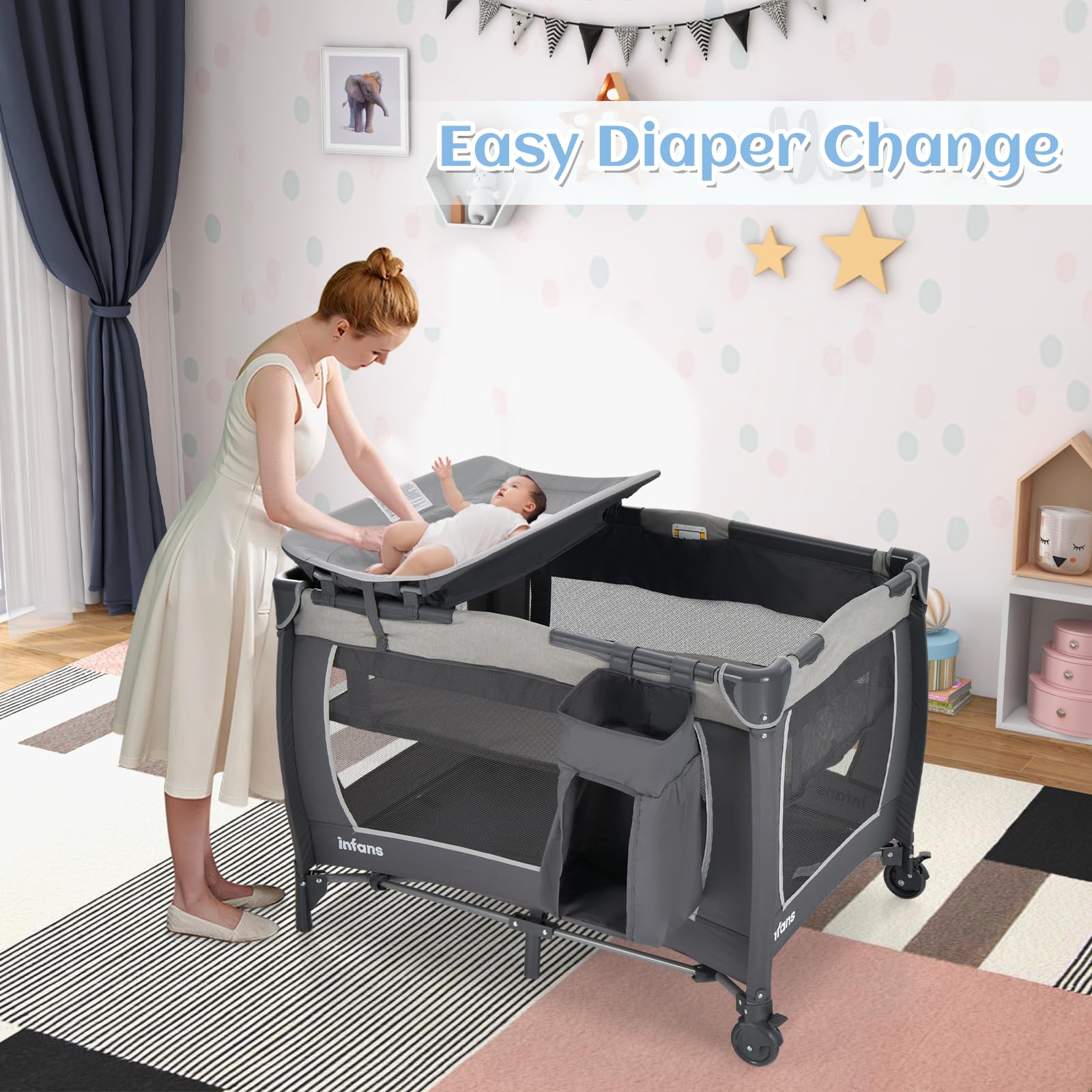 INFANS 4 in 1 Pack and Play, Portable Baby Kid Infant, Travel Playard with Bassinet, Mattress, Diaper Changer