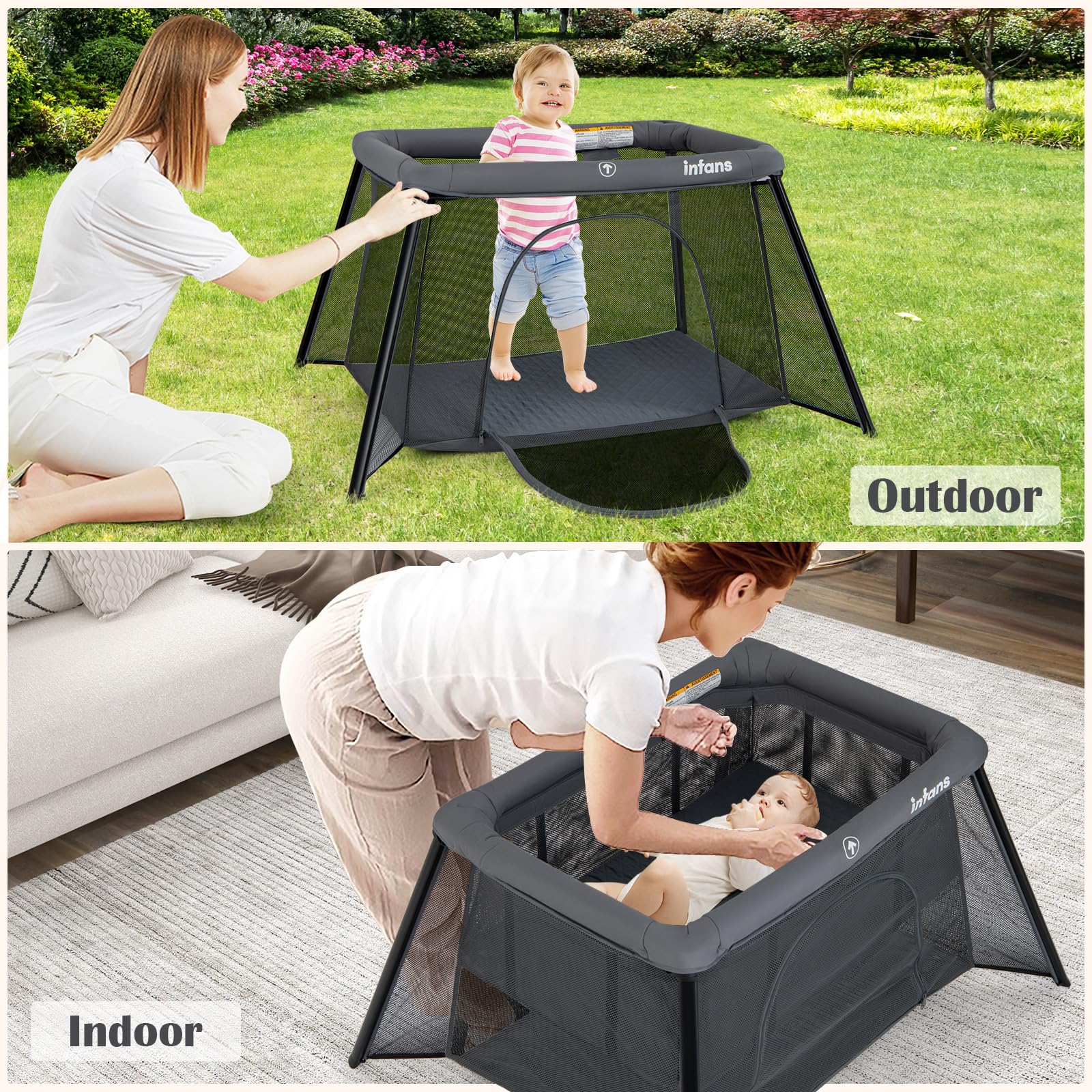 INFANS Travel Crib, Portable Baby Playpen with Removable Bassinet Soft Mattress, Foldable Lightweight Playard Nursery Center