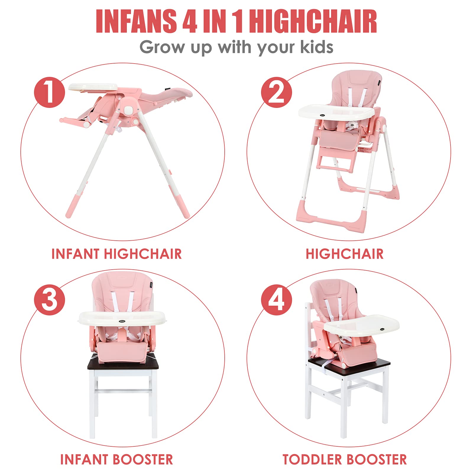 INFANS 4 in 1 High Chair–Booster Seat, Convertible Highchair, Installation-Free,Simple Fold for Baby, Infant& Toddler