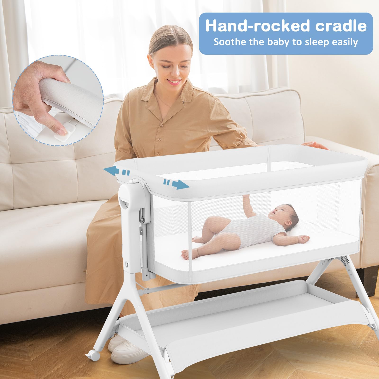 INFANS 5 in 1 Baby Bassinet, Upgraded Flat Rocking Bedside Sleeper with Wheels, Storage Basket, Travel Bag