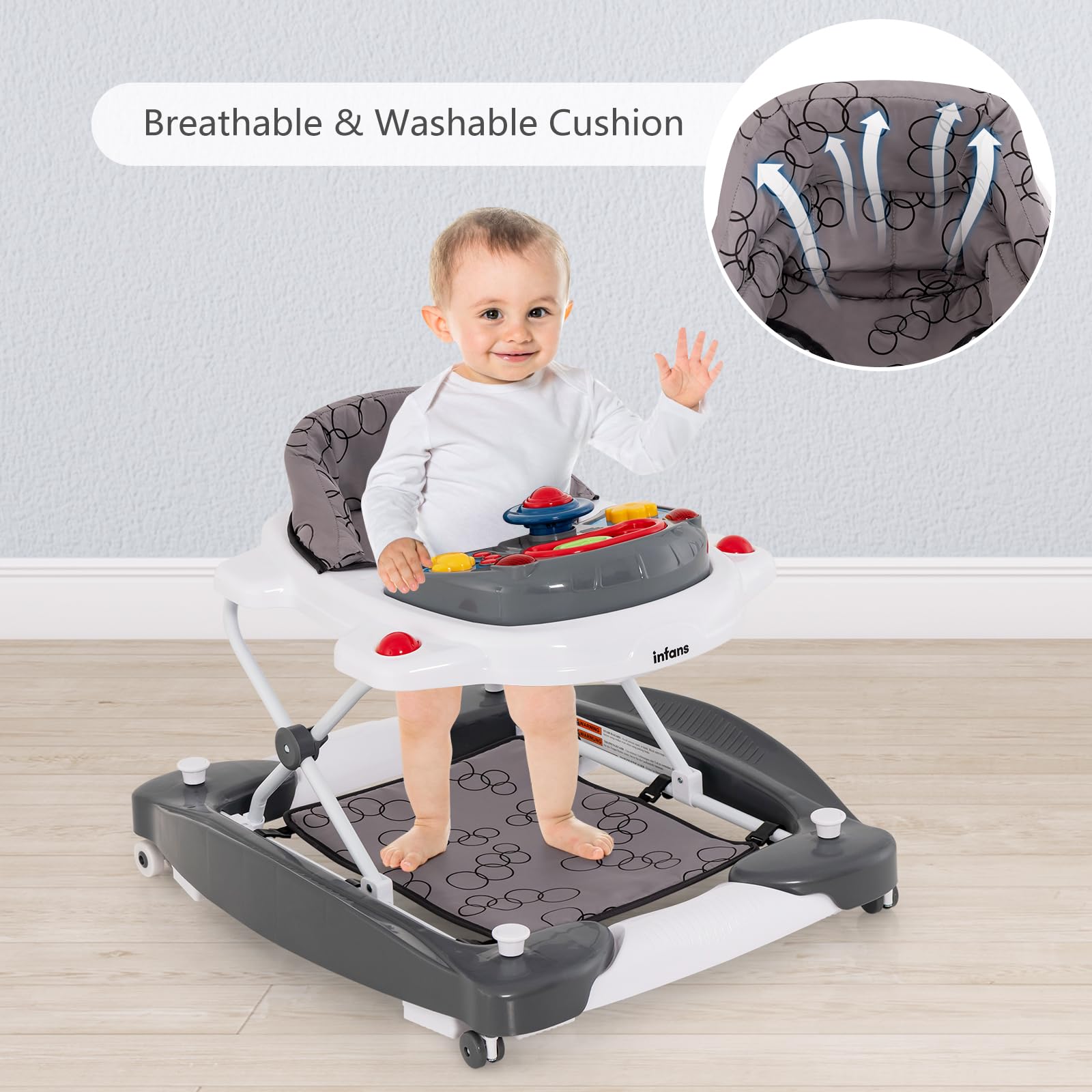 INFANS Baby Walker, 5 in 1 Behind Walker Learning Seated Rocker Bouncer with Removable Music Tray, Adjustable Height