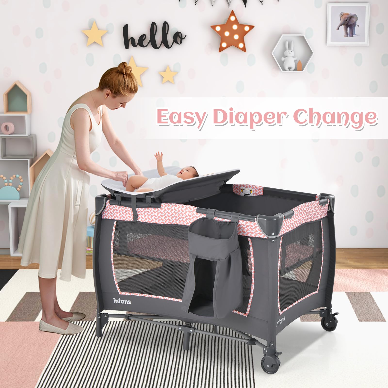 INFANS 4 in 1 Pack and Play, Portable Baby Kid Infant, Travel Playard with Bassinet, Mattress, Diaper Changer