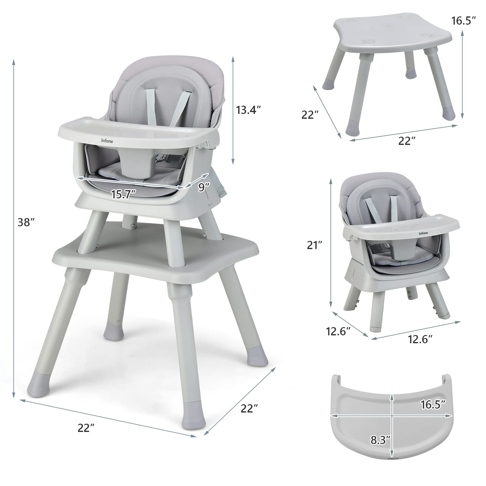 INFANS 8 in 1 Baby High Chair, Convertible Highchair for Babies and Toddlers, Infant Dining Booster Seat