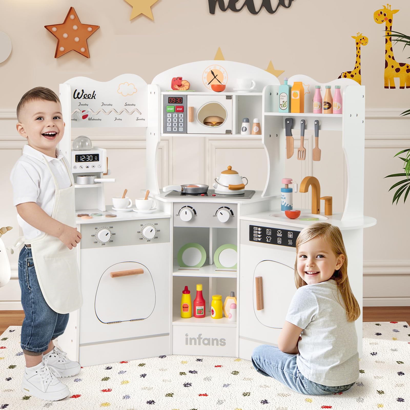 OLAKIDS Corner Kids Kitchen Playset, Toddler Wooden Pretend Cooking Set