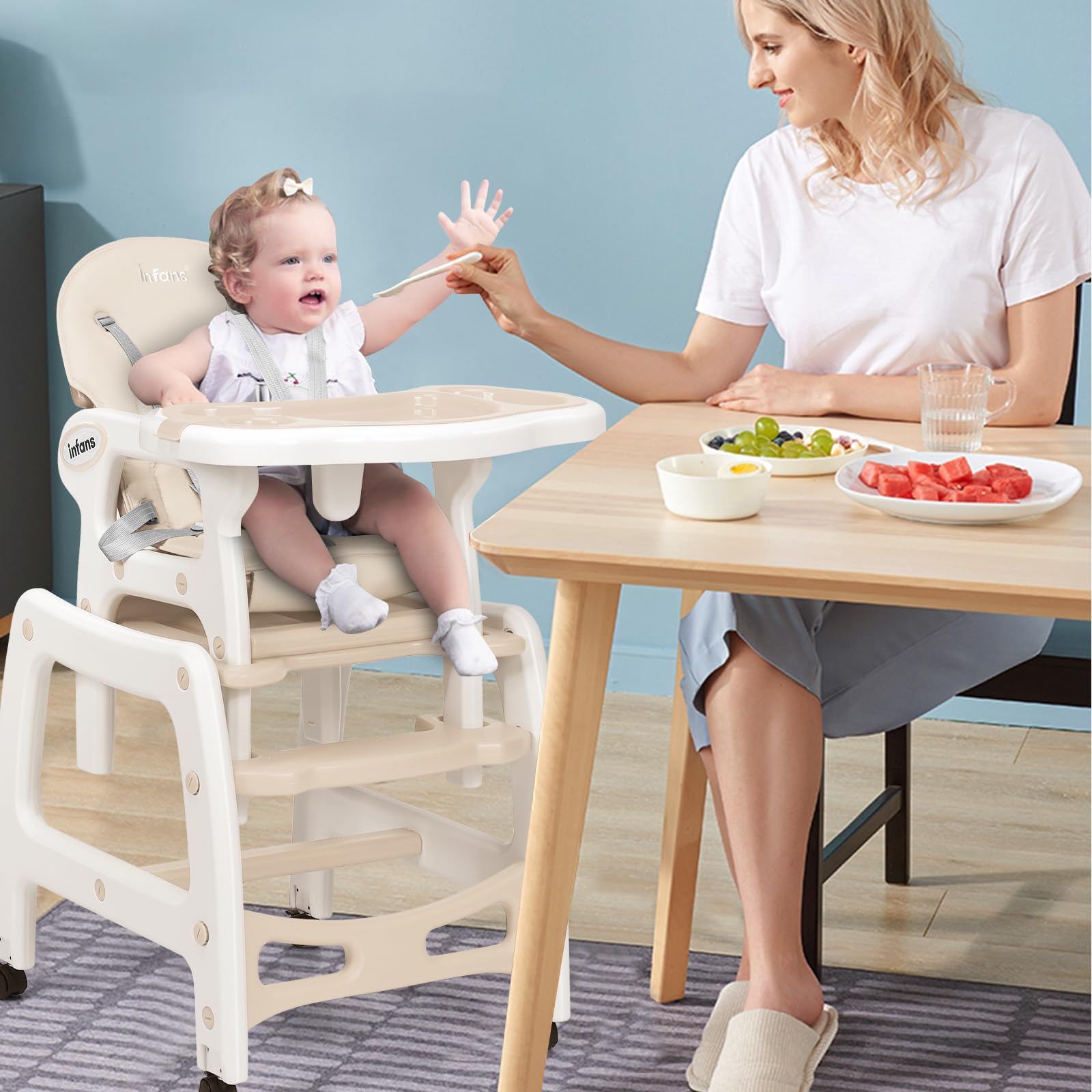 INFANS 5 in 1 Baby High Chair, Convertible Toddler Table Chair Set,  Multi-Function Seat with Lockable Universal Wheels