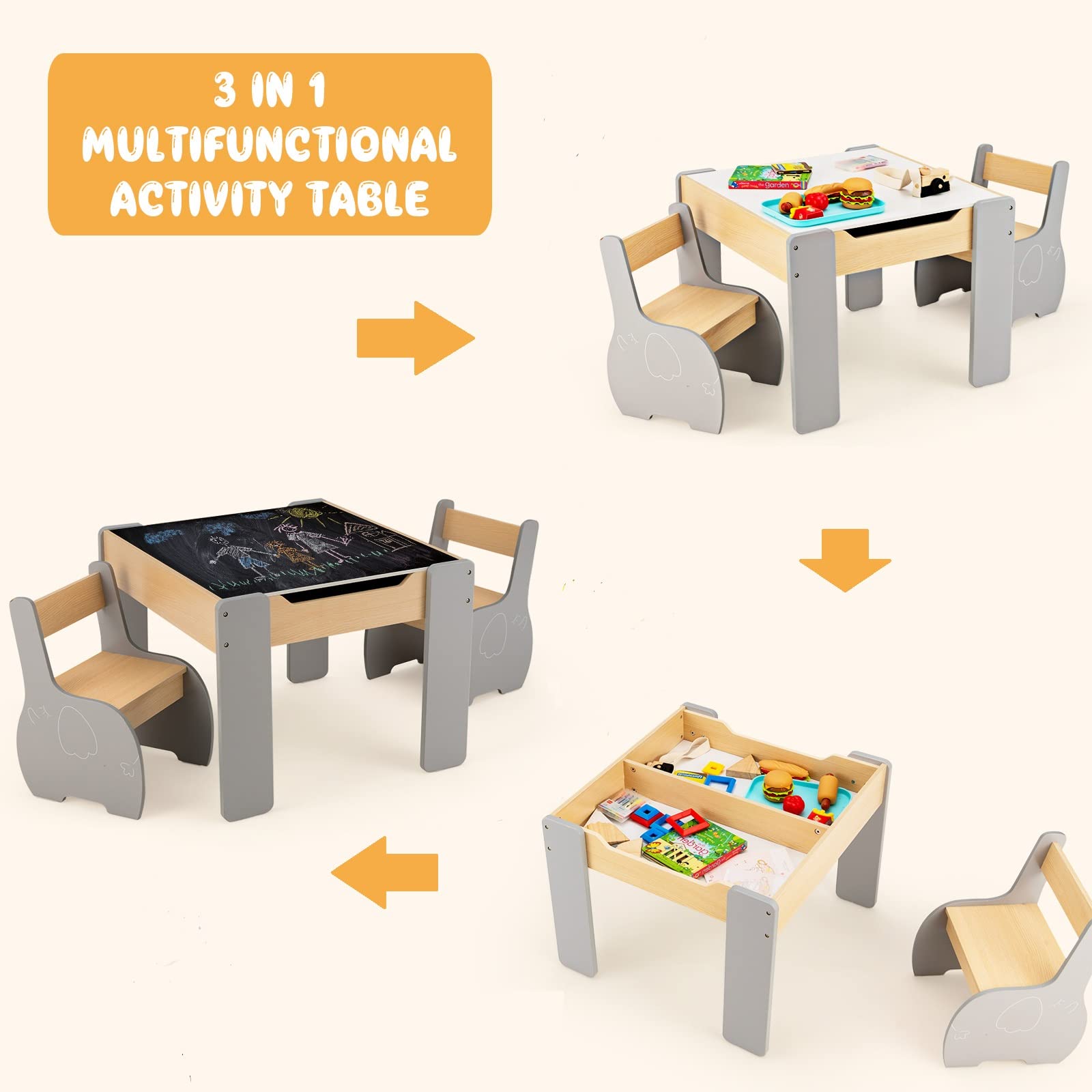 OLAKIDS 3 in 1 Kids Table and Chair Set, Wood Multi Activity Table with Removable Tabletop, Detachable Blackboard