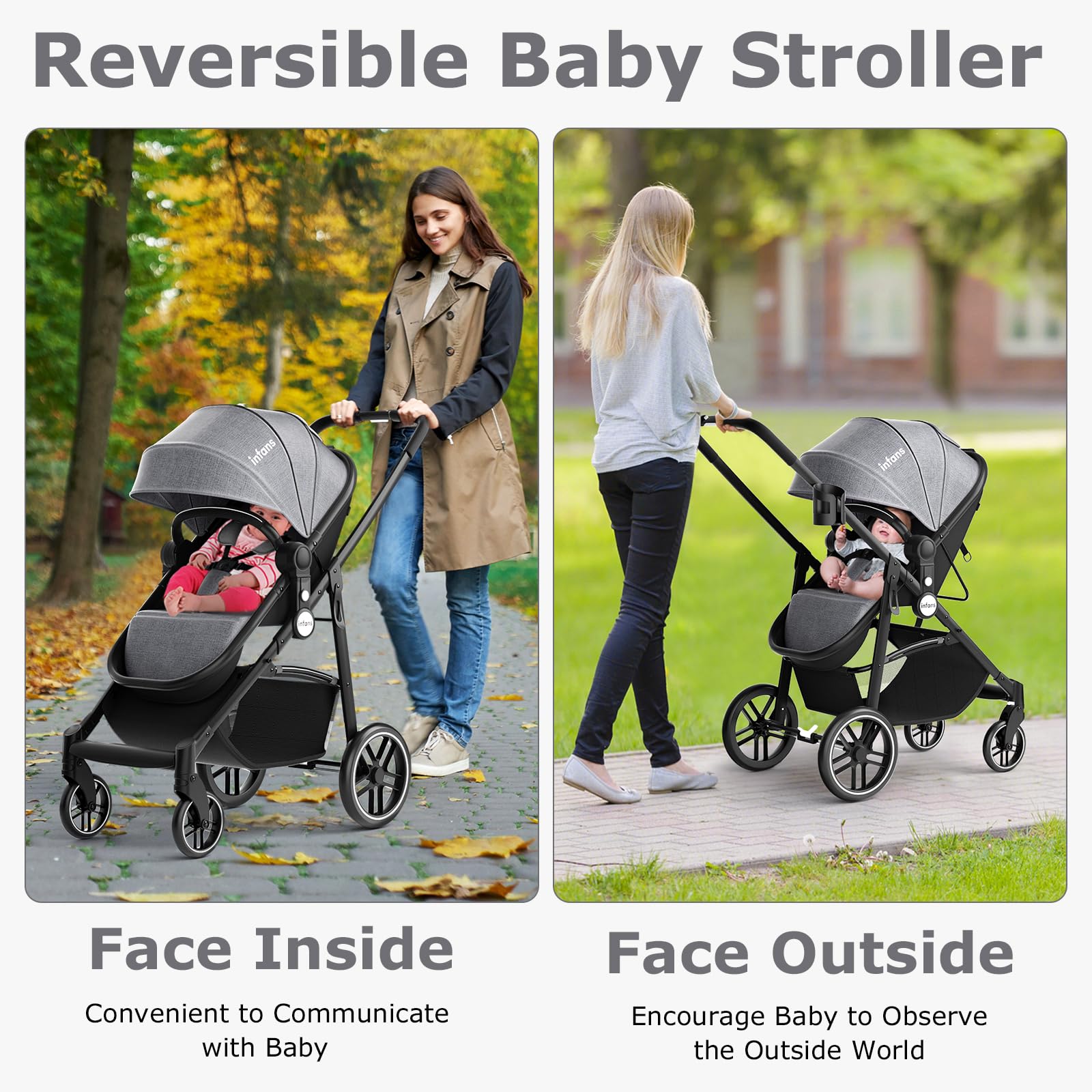 INFANS 2 in 1 Baby Stroller, High Landscape Infant Stroller & Reversible Bassinet Pram, Foldable Pushchair